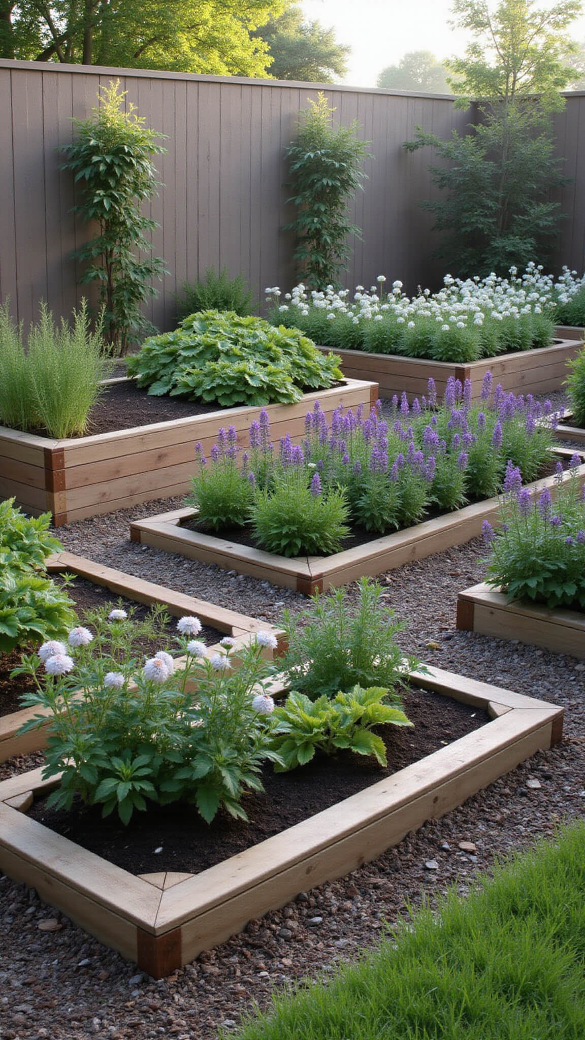 Elevated view of a 15x20ft garden with geometric cedar raised beds of vegetables, curved flower borders of purple salvias and white echinacea, misty morning light enhancing textures, and a vertical garden wall backdrop.