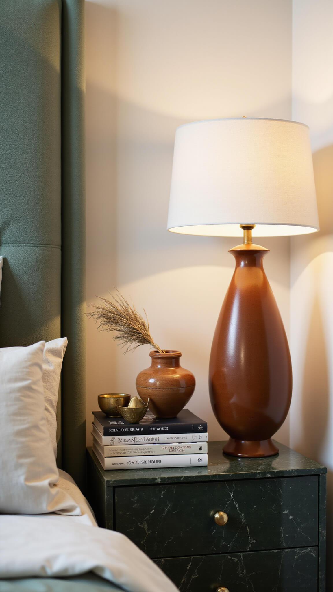 Vintage terracotta lamp on green marble table with brass decor, ceramic vase of pampas grass, art books, and sage linen bedding in warm morning light.