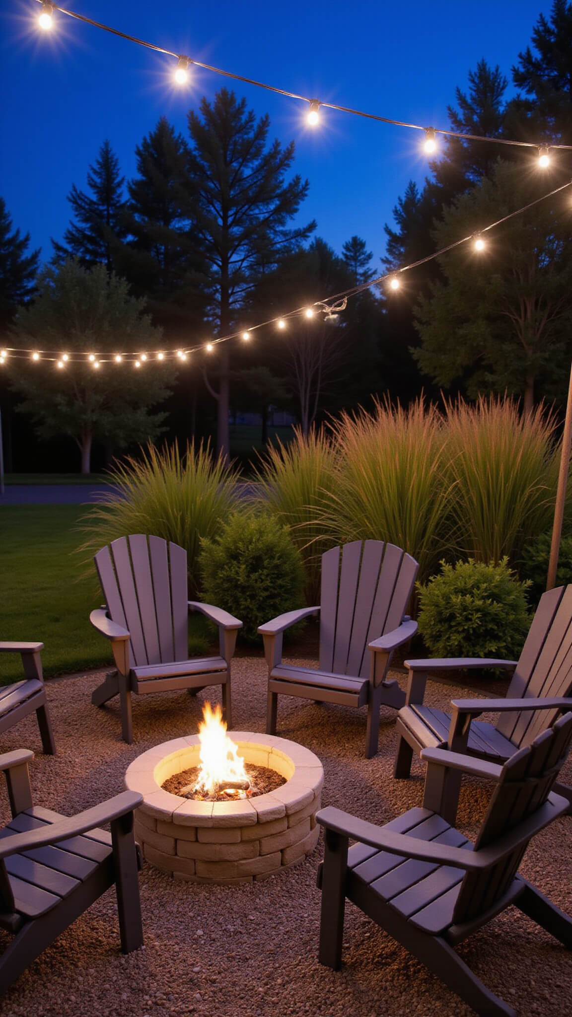 Twilight outdoor lounge with charcoal Adirondack chairs around circular fire pit, bistro lights overhead, pea gravel surface, and glowing ornamental grasses in background.