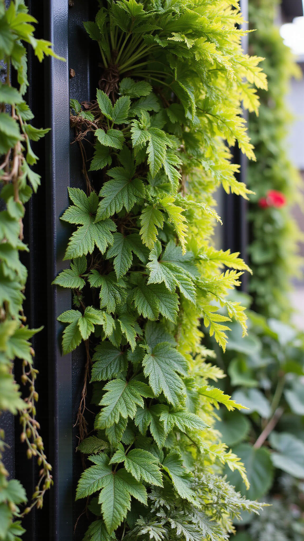 Close-up of vertical garden wall with ferns, vines, and flowering plants in black metal frame, glistening with water droplets in midday sunlight.