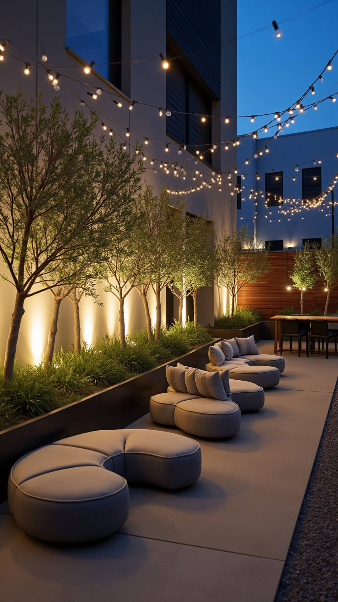Urban patio with modular gray furniture, brass accents, olive tree uplighting, mirror panels, and string lights at blue hour.