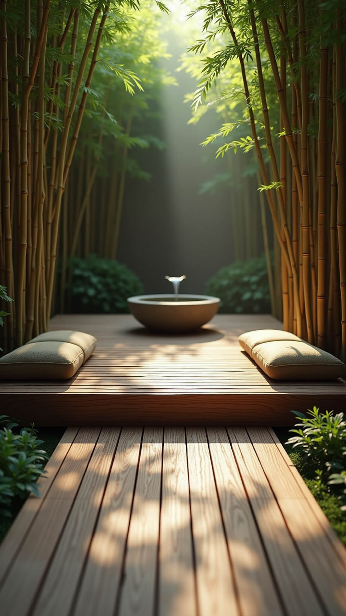 Zen garden corner with teak platform, earth-tone cushions, stone fountain, and bamboo in dappled morning light.