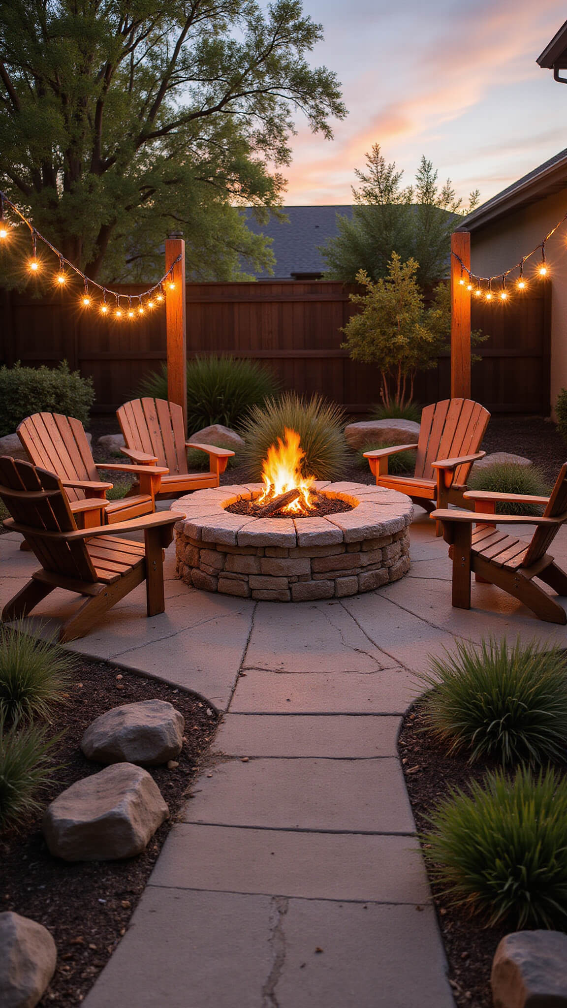 Sunken stone fire pit area with teak Adirondack chairs at golden hour, surrounded by drought-tolerant landscaping and copper string lights.