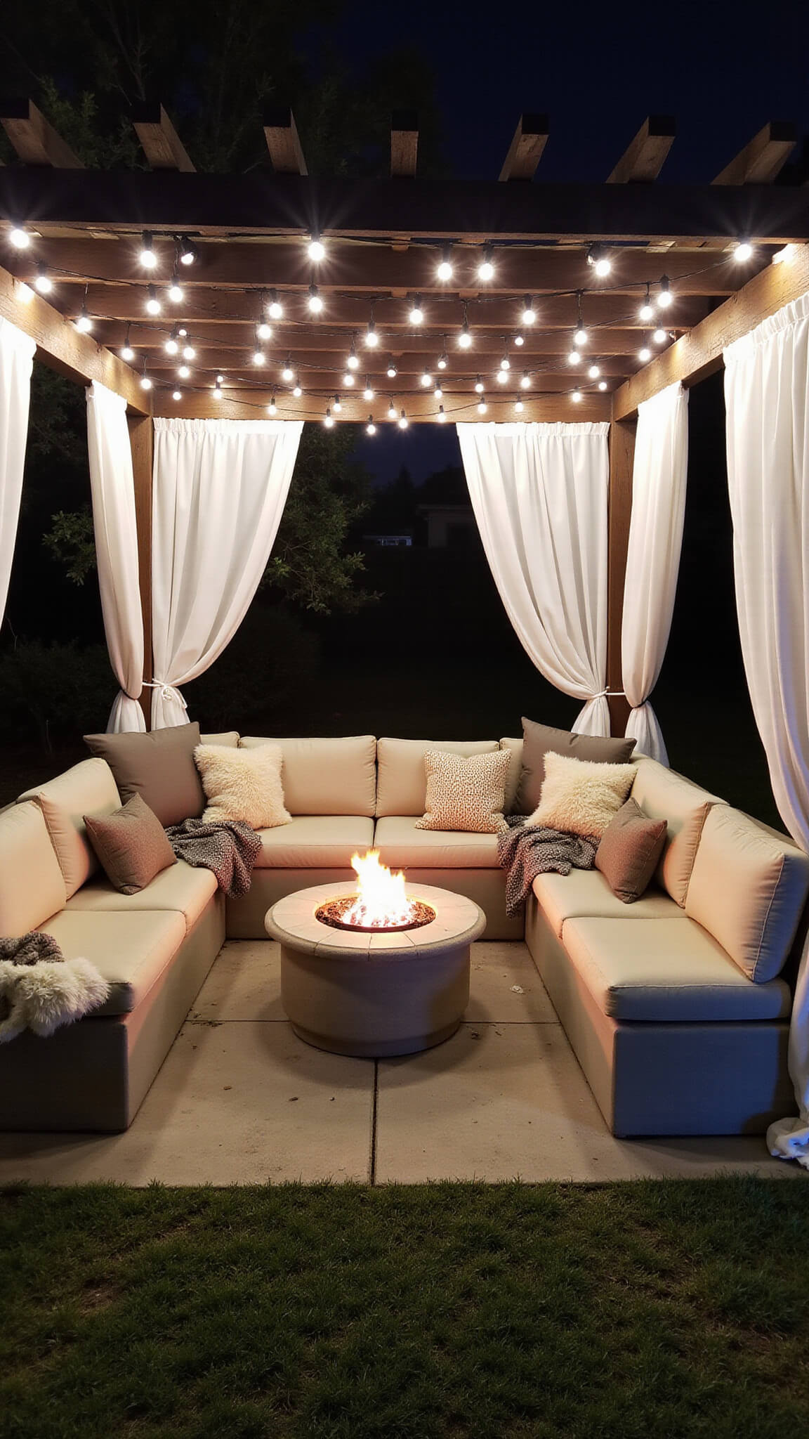 Cozy nighttime fire pit nook with concrete benches, soft textiles, and twinkle-lit pergola.