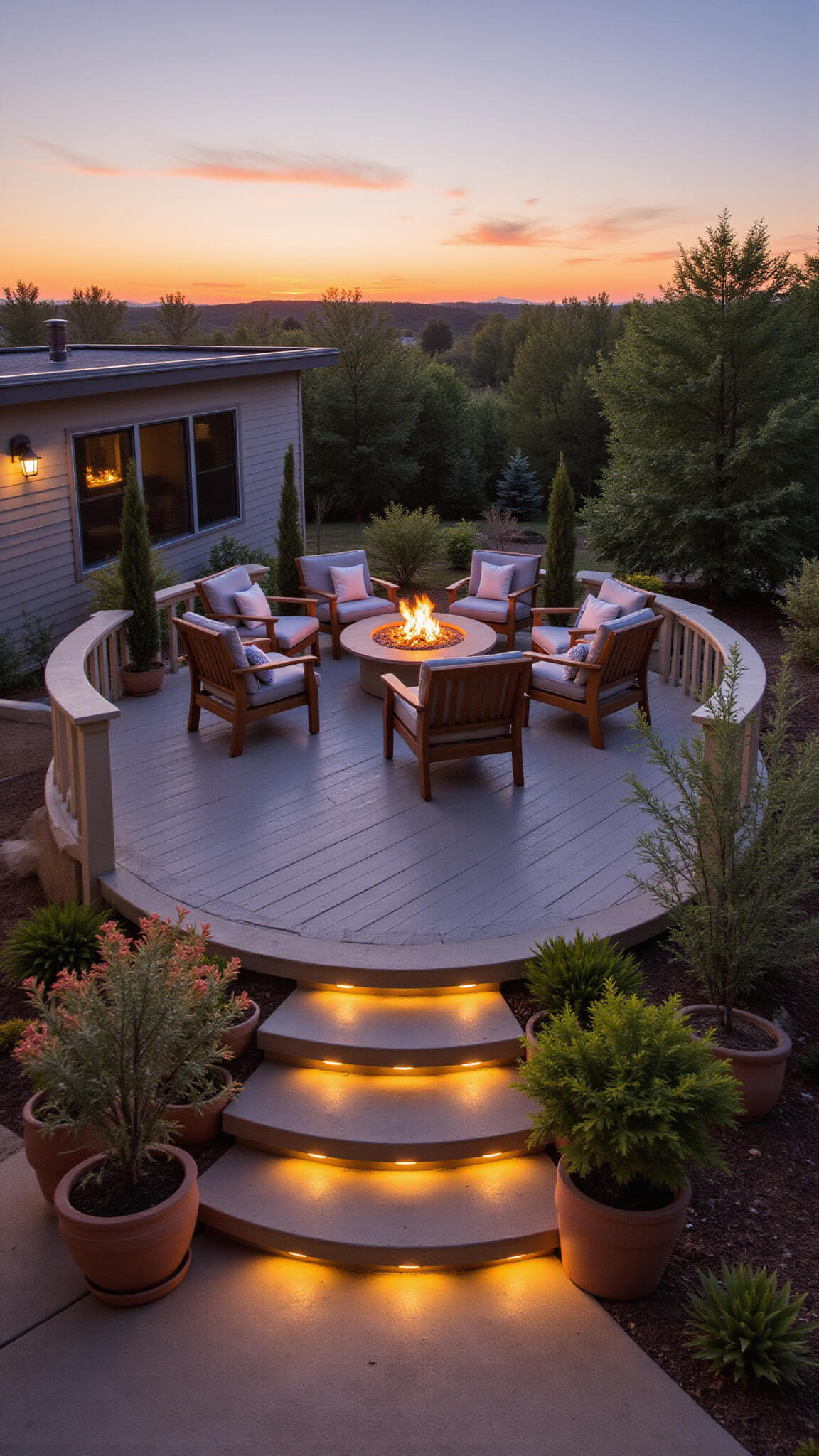 Aerial view of modern multi-level deck at sunset featuring circular propane fire table, teak seating, warm LED lighting, and potted plants for privacy.