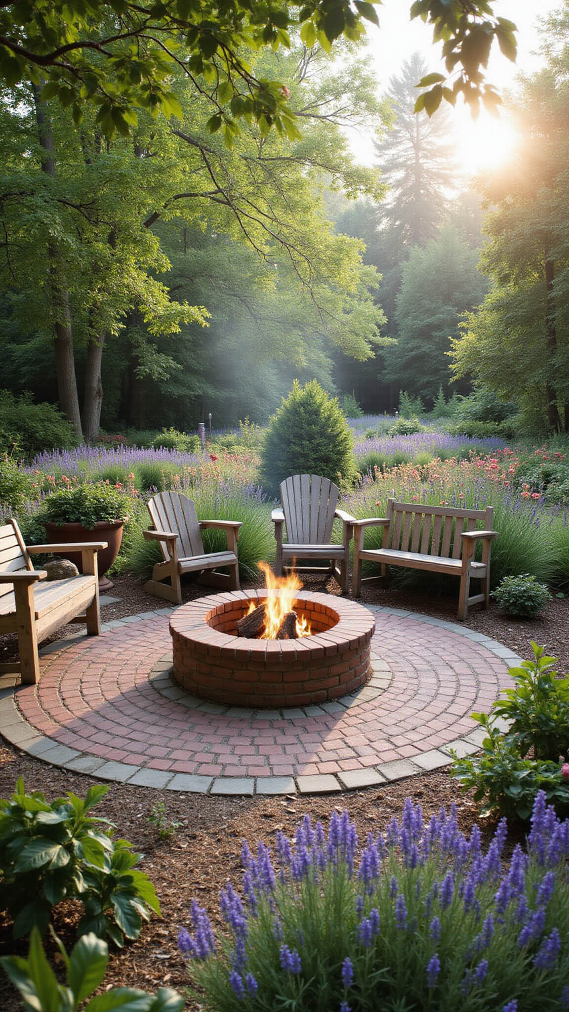 Brick fire pit in cottage garden with wooden benches, Adirondack chairs, climbing roses, and morning mist.