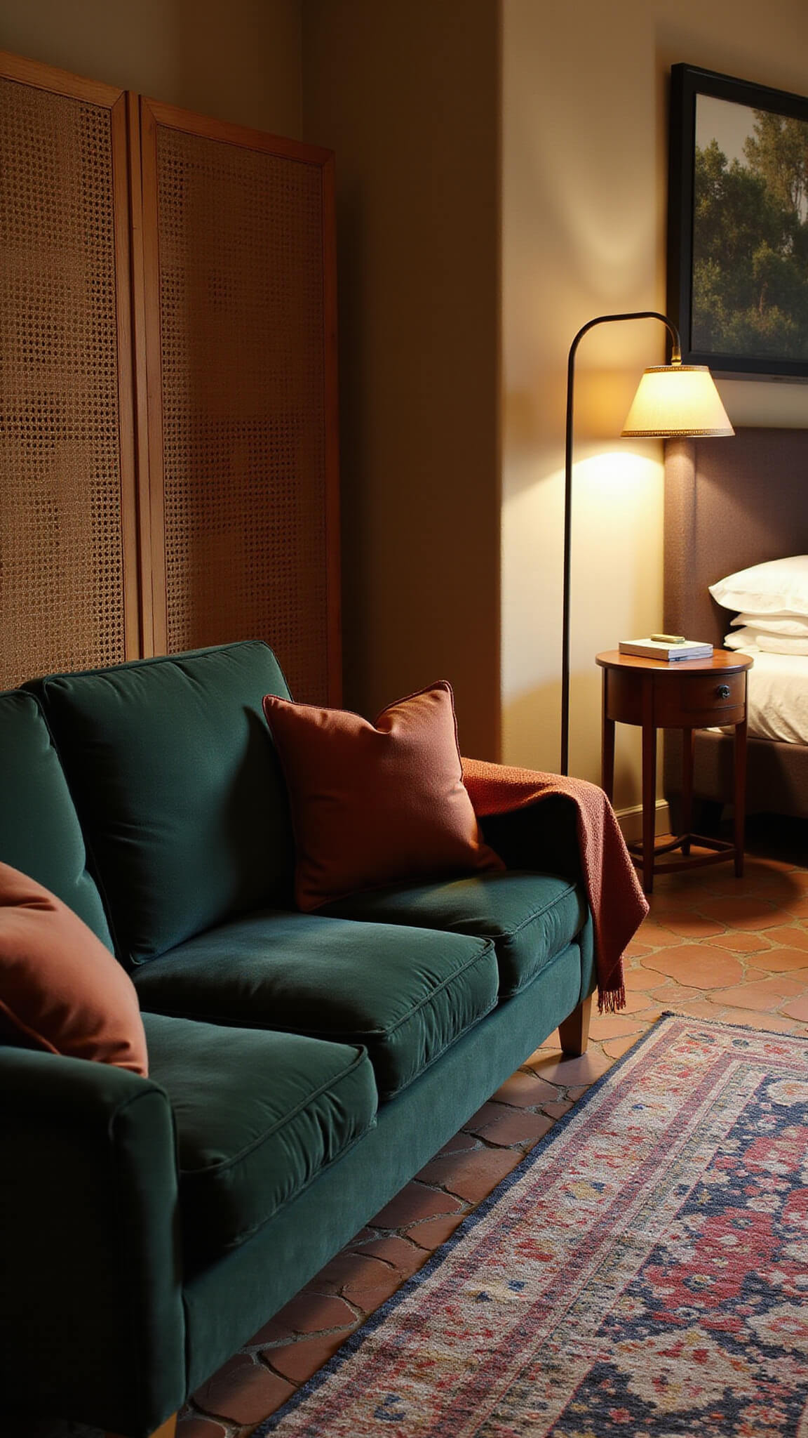 Master bedroom sitting area at twilight with green velvet sofa, rust accents, terracotta tile floor, wool rug, rattan screen, brass floor lamp, and moody Mediterranean lighting.
