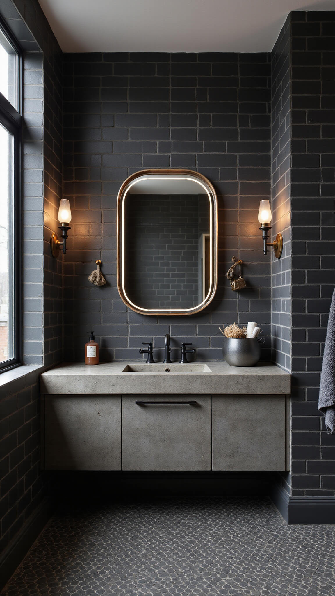 Sophisticated urban bathroom with matte black subway tiles, black hexagon floor tiles with brass inlay, floating concrete vanity, backlit round mirror, and mixed metal towel bars.
