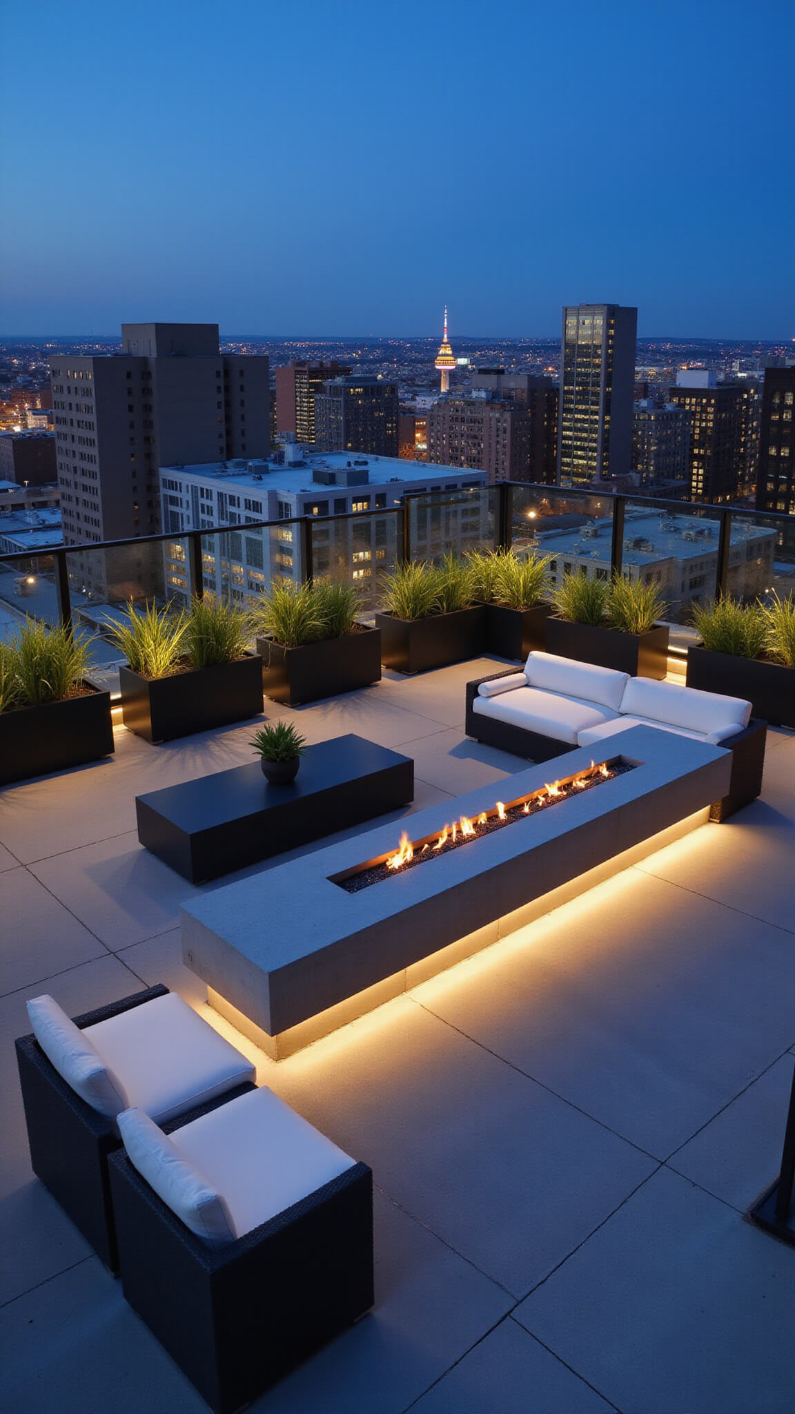 Contemporary rooftop lounge at twilight with linear fire pit, modern concrete seating, minimalist charcoal and white furniture, uplighting on architectural plants, glass wind barriers, and city lights in the background.