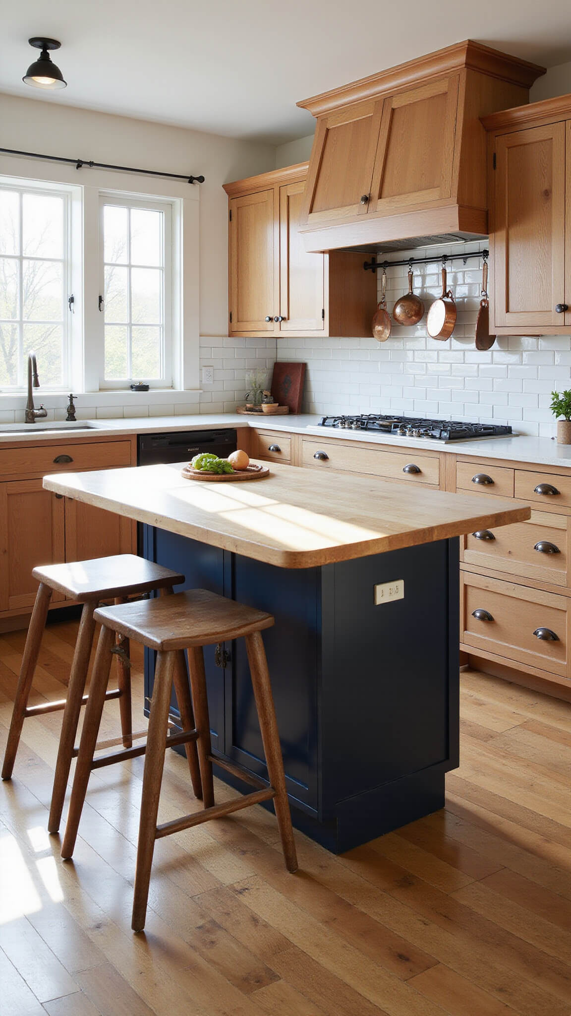 Sunlit farmhouse kitchen with natural oak Shaker cabinets, navy lower units, butcher block island, hanging copper pots, and vintage bar stools.
