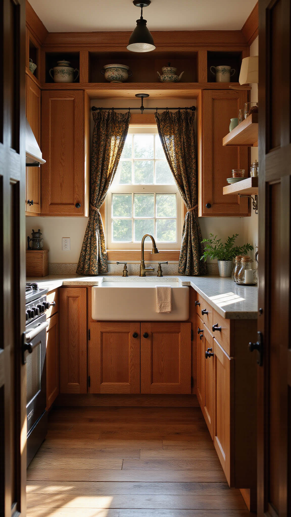 Rustic 10x12ft kitchen with hickory cabinets, farmhouse sink, barn wood shelves, and golden hour lighting through café curtains.