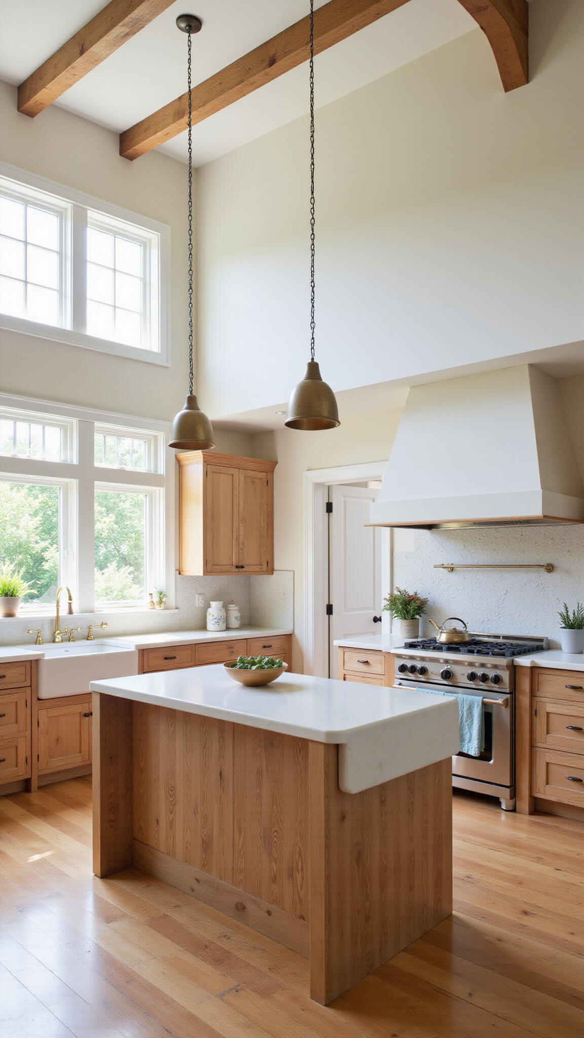 Modern farmhouse kitchen with hickory cabinets, white quartz island, brass accents, and natural light from large windows.