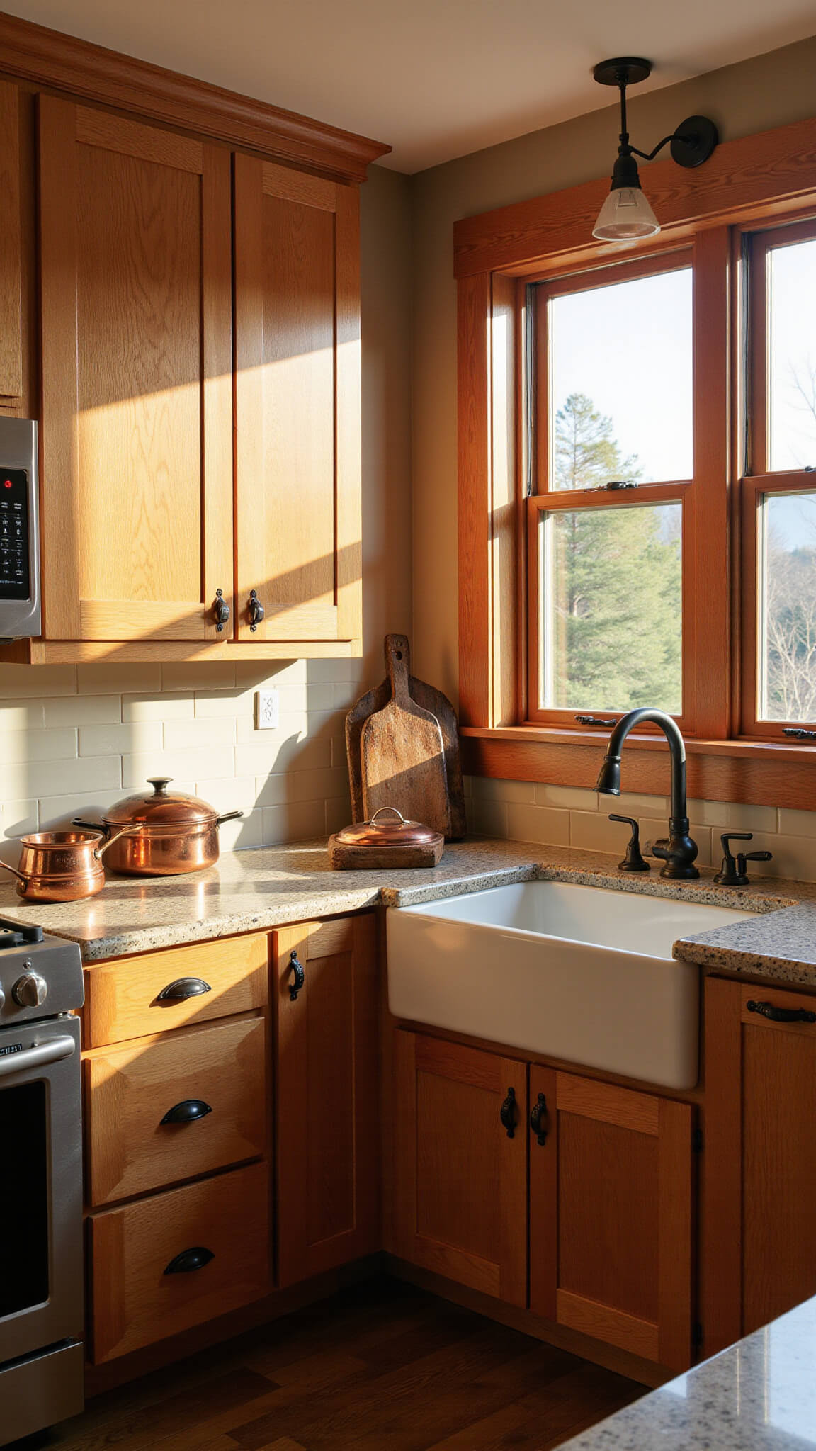 Rustic 12x15ft kitchen corner at golden hour with hickory cabinets, cream subway tile, farmhouse sink under window, copper cookware, leather bar stools, and amber-toned lighting.