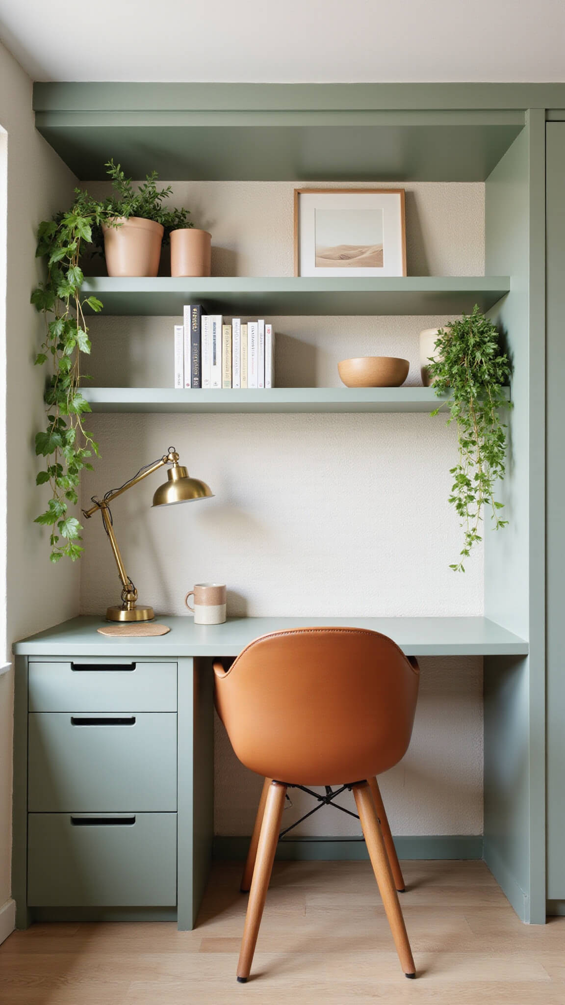 Minimalist bedroom workspace with sage green built-in desk, terracotta leather chair, floating shelves with ceramics and plants, natural fiber wallpaper, and vintage brass lamp in bright morning light.