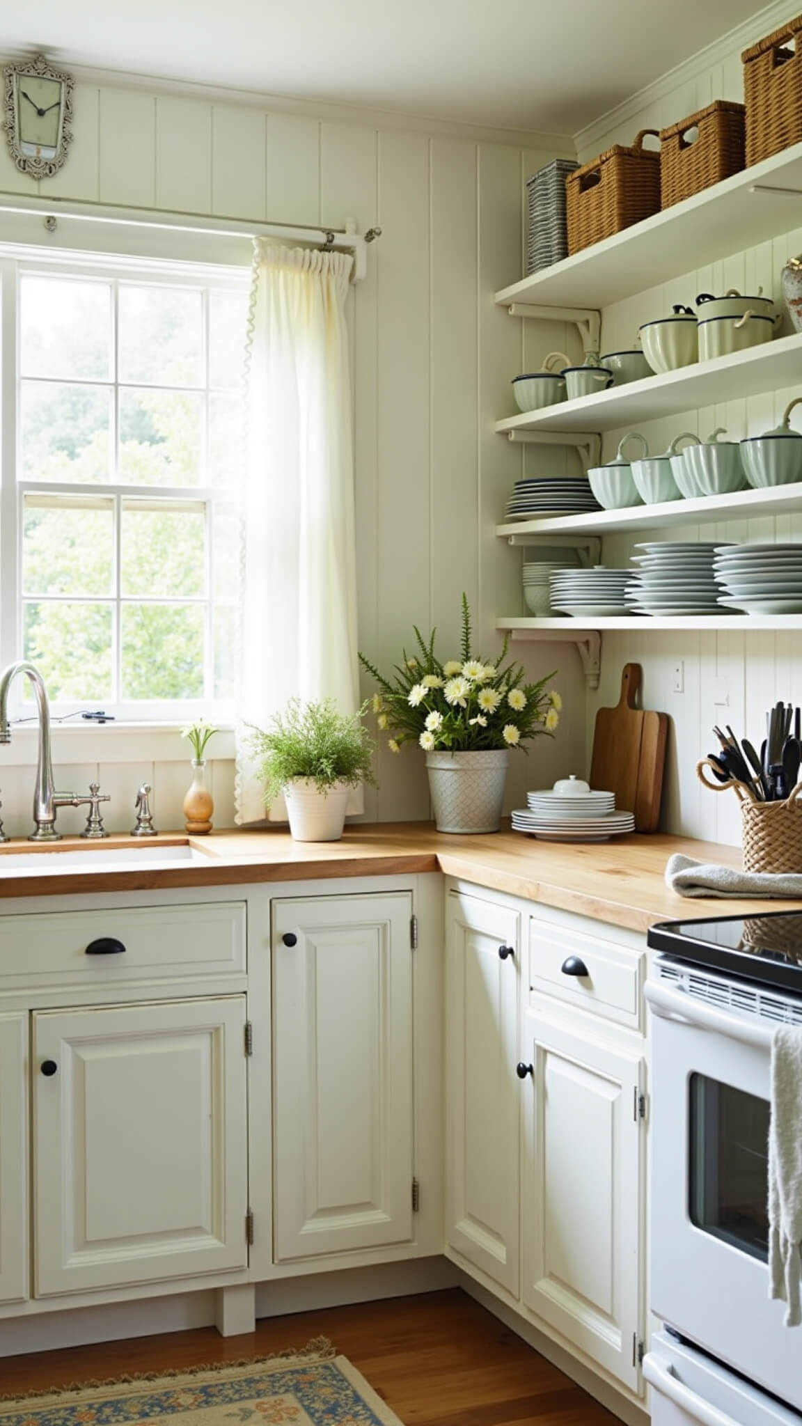 Cozy 10x12ft cottage kitchen with white-washed hickory cabinets, butcher block counters, corner windows with sheer linen, vintage enamelware on open shelves, and soft morning light creating a dreamy atmosphere.
