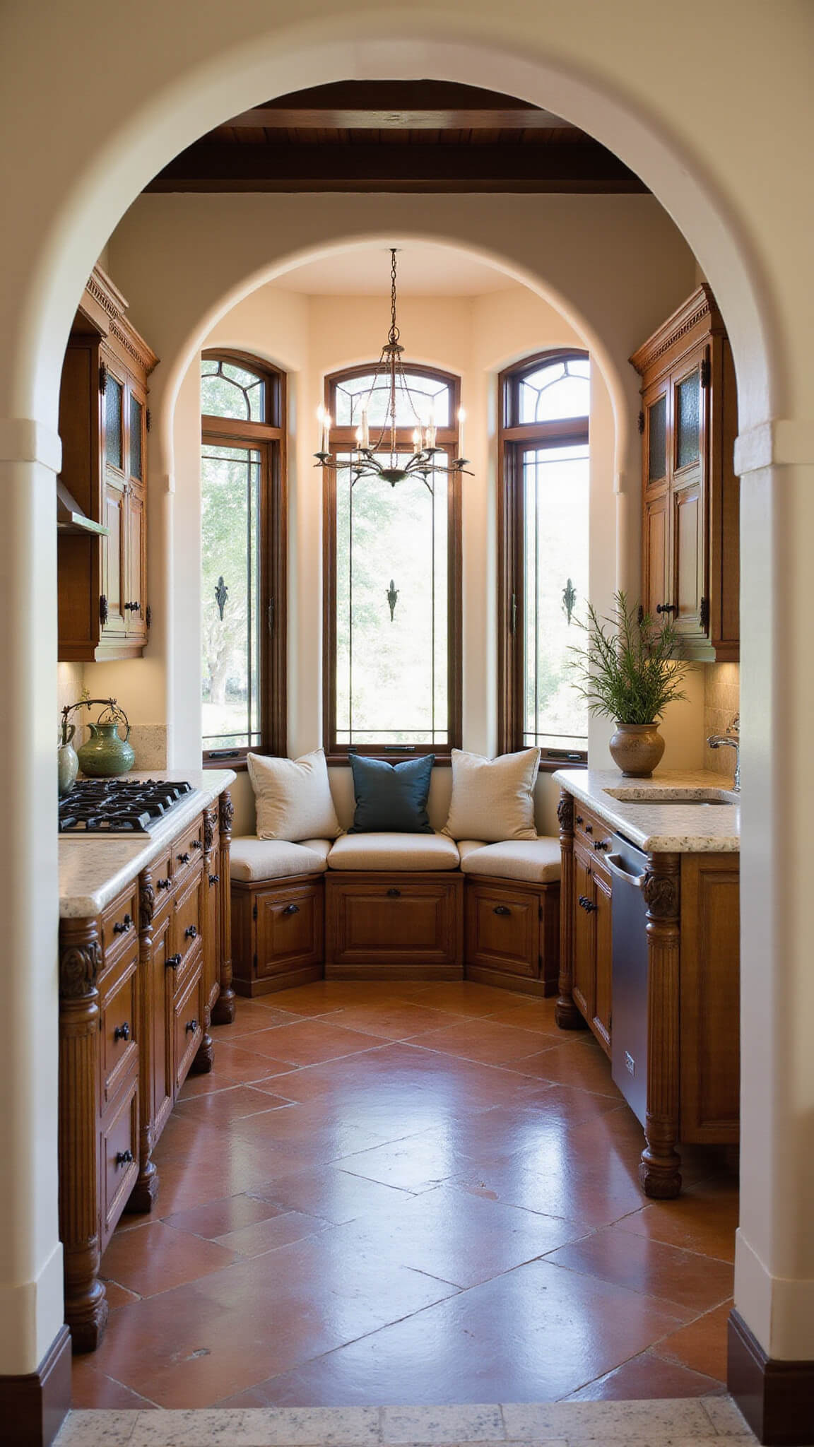 Mediterranean-style kitchen with arched doorways, rustic hickory cabinets, curved breakfast nook with storage, terra cotta floors, and warm natural lighting.