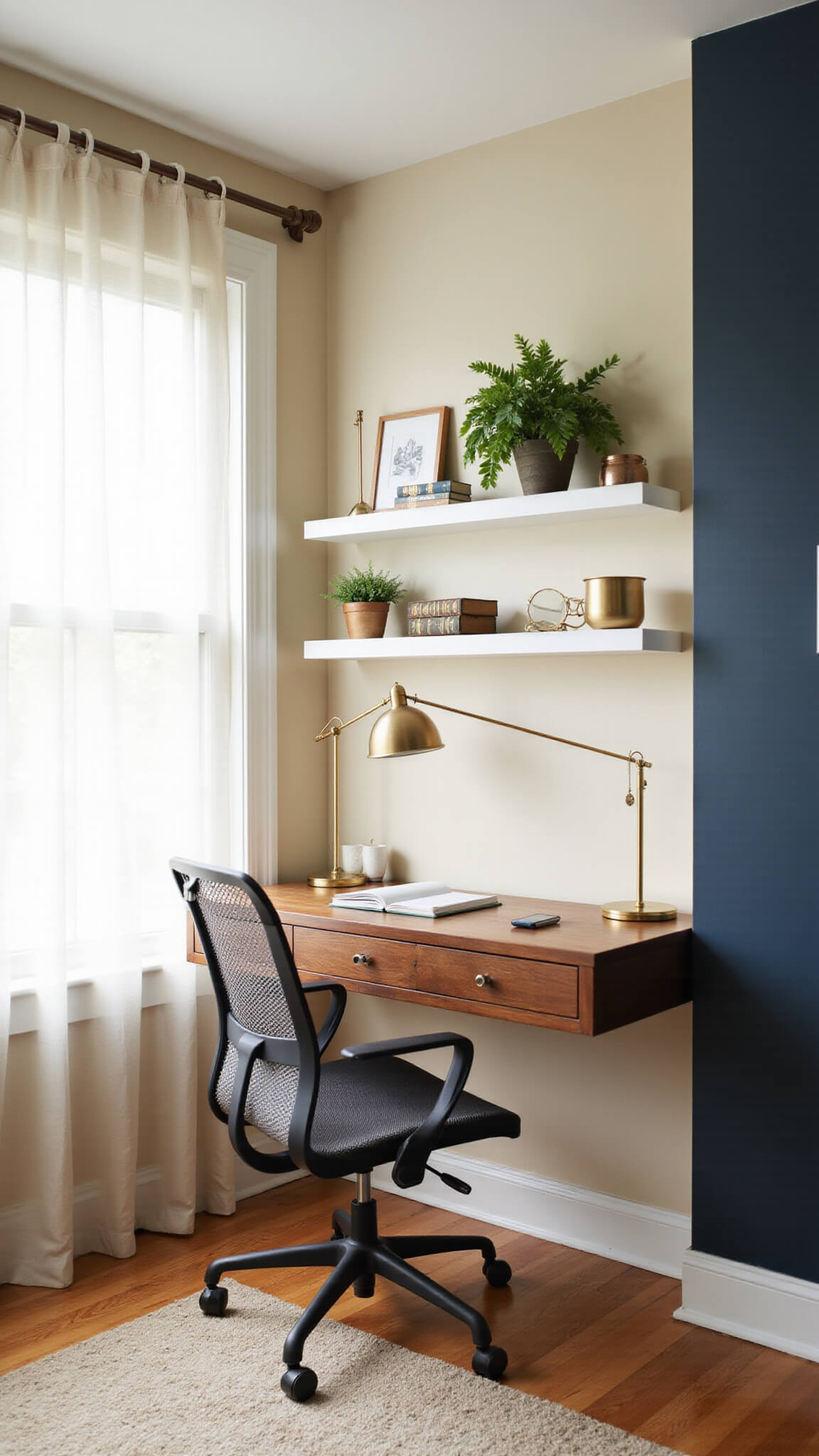 Sunlit office nook in living room alcove with floating walnut desk, white shelves, and ergonomic chair under large window with sheer curtains.