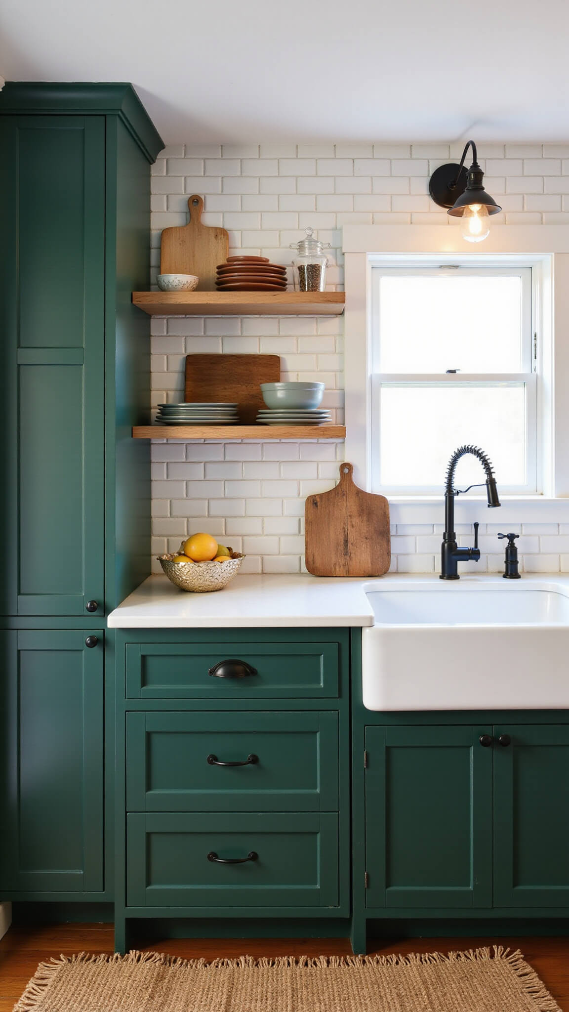 Farmhouse kitchen at dusk with emerald green shaker cabinets, brass pendant lights, open shelving, black hardware, and jute rug.