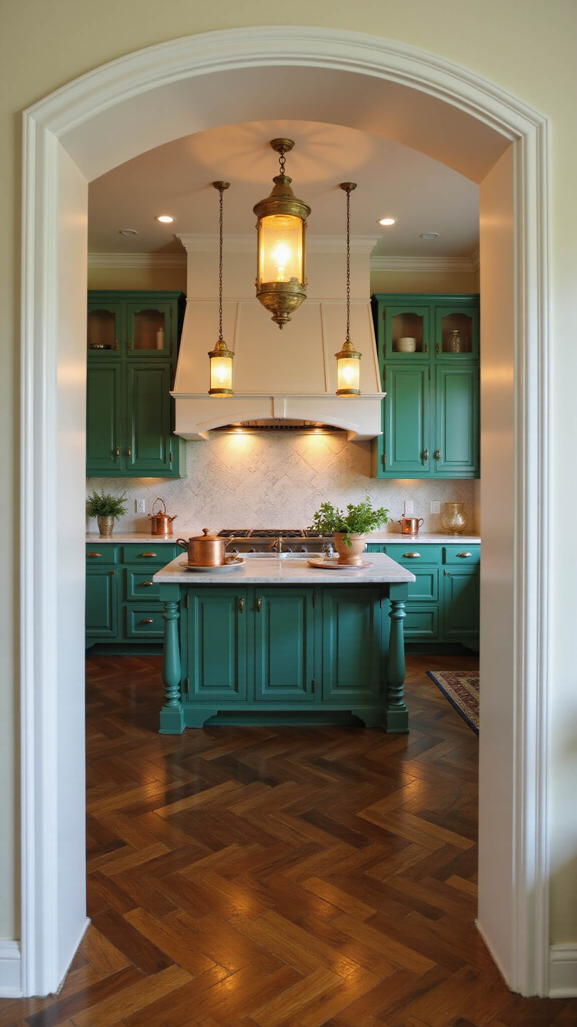 Traditional emerald green kitchen with brass lanterns, marble alcove, chevron wood floors, and vintage accents during golden hour.