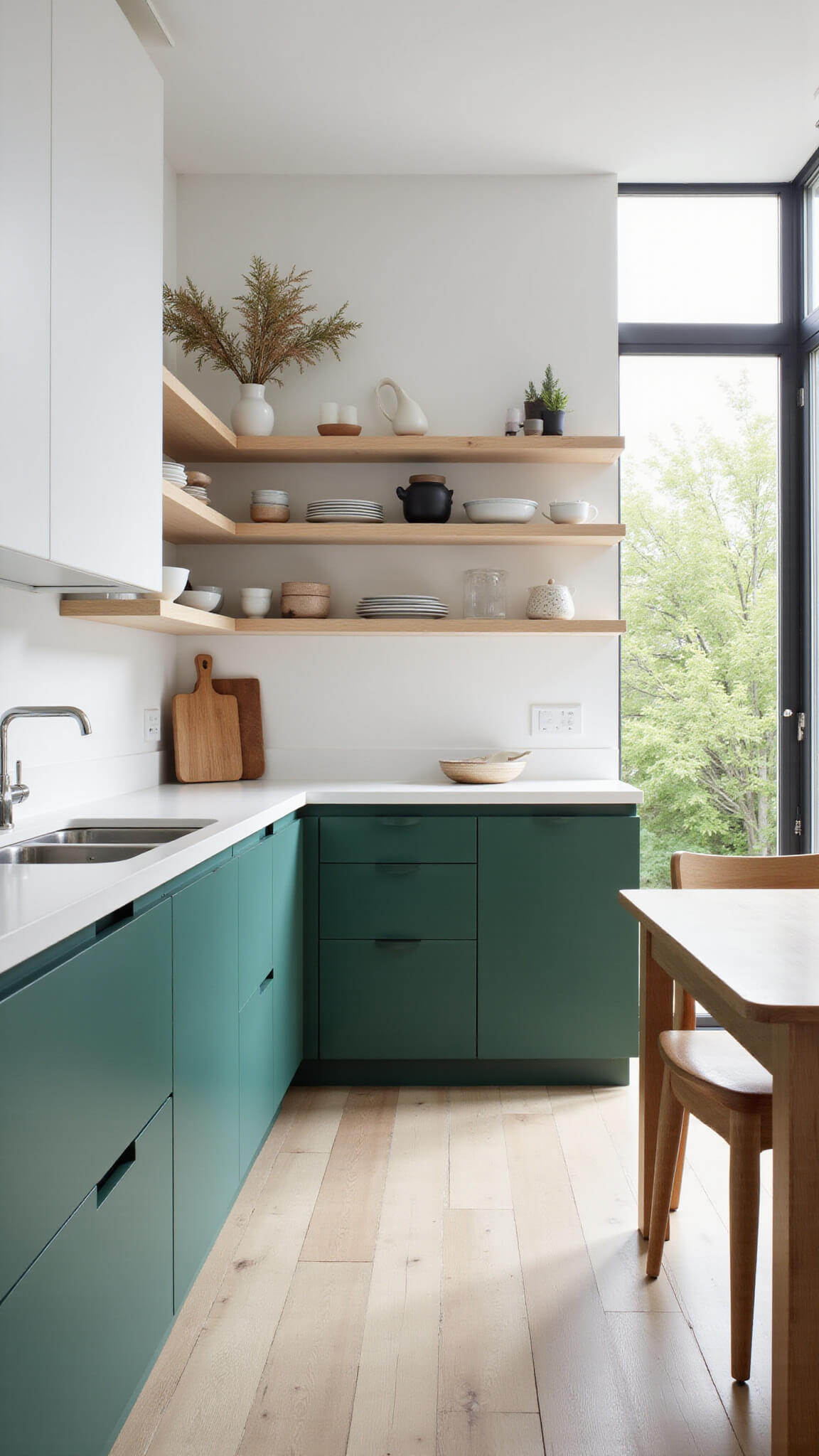 Scandinavian 9x11ft kitchen with emerald green lower cabinets, white uppers, birch floors, open shelving, and natural lighting.