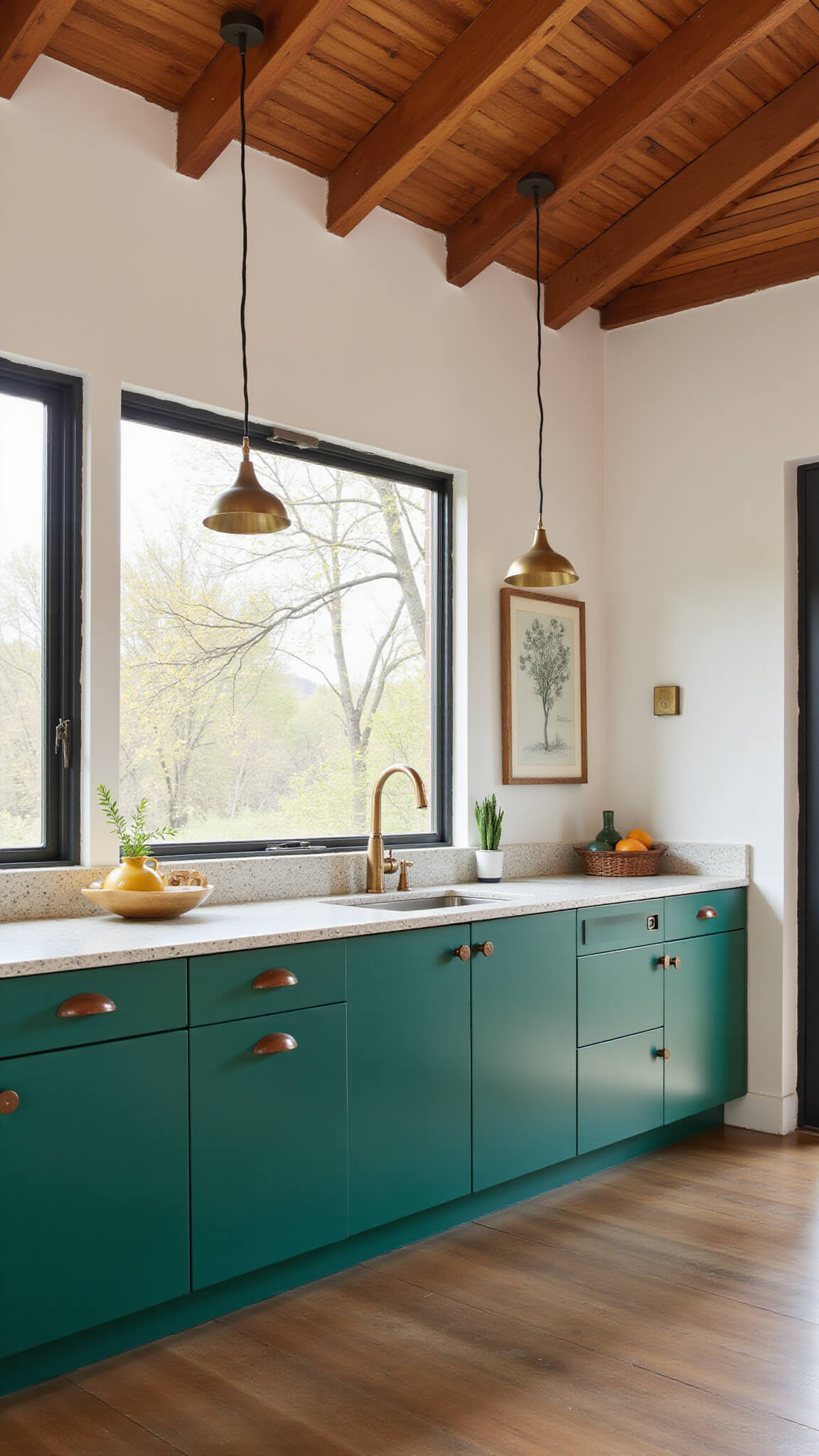 Mid-century modern 12x14ft kitchen with emerald green cabinets, terrazzo countertops, brass pendant lights, and warm wood slat ceiling in afternoon light.