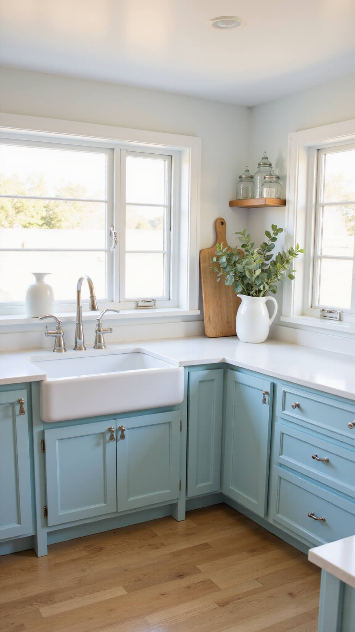 L-shaped coastal kitchen with powder blue shaker cabinets, white quartz countertops, oak flooring, and morning sunlight streaming through large windows.