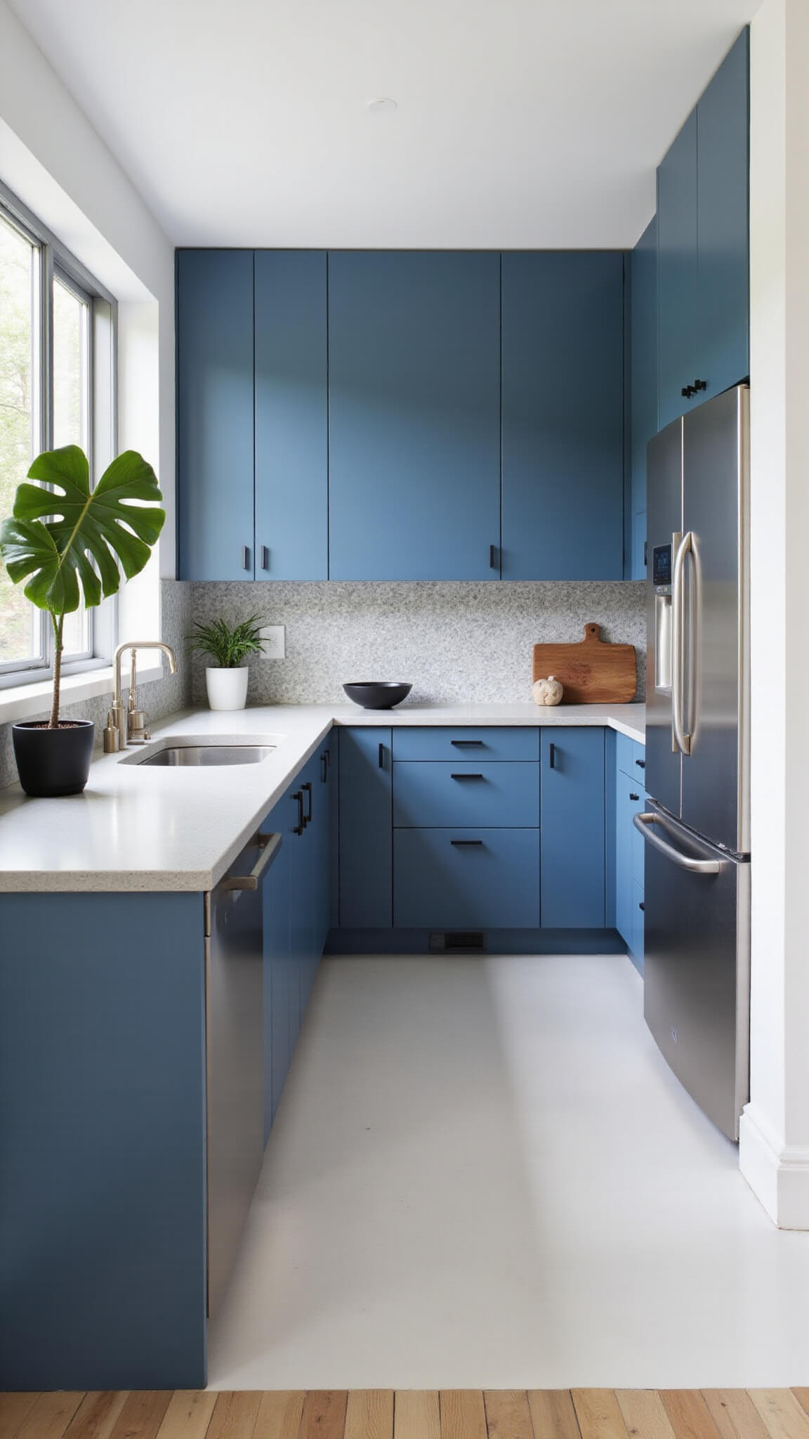 Modern minimalist galley kitchen with powder blue cabinets, geometric backsplash, concrete countertops, and stainless steel appliances in natural afternoon light.