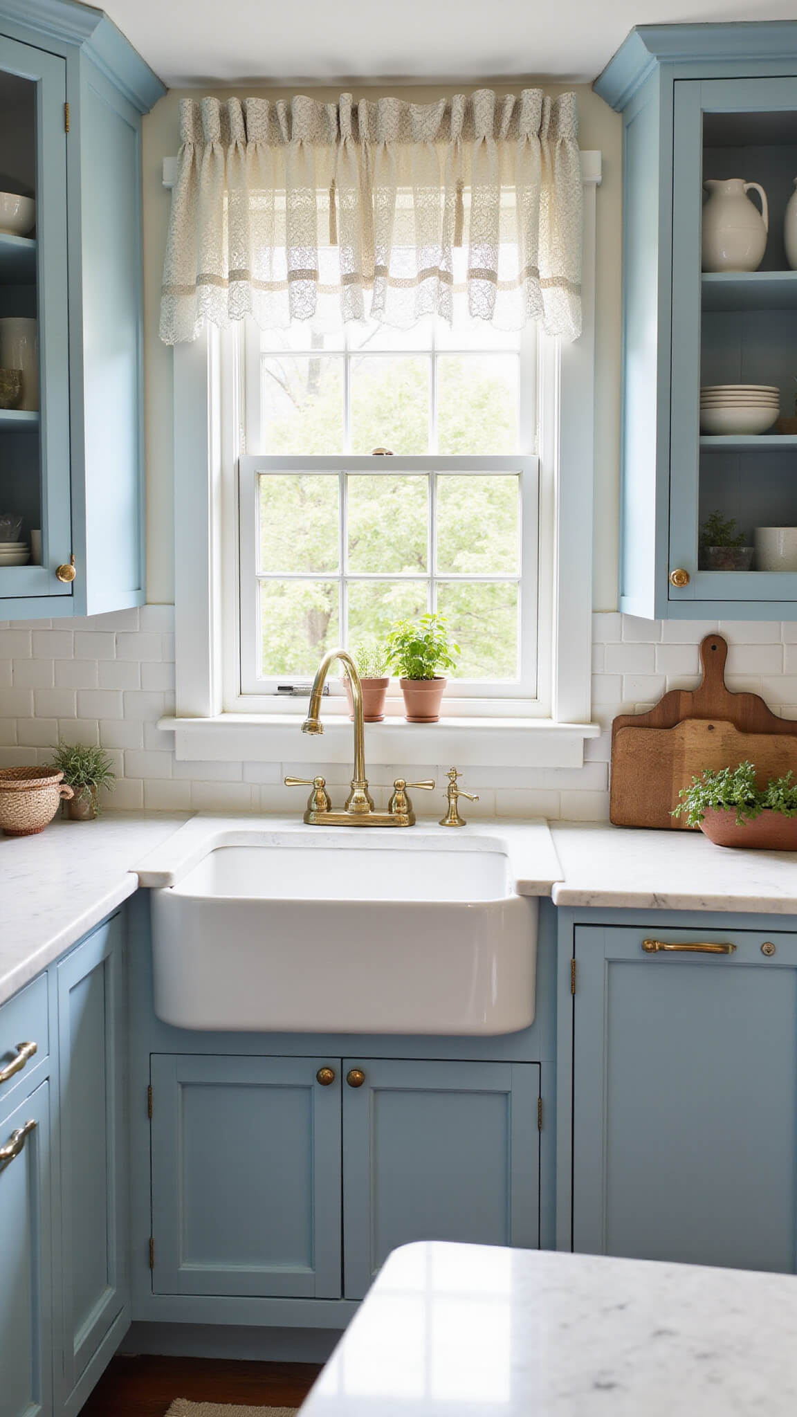 Cozy U-shaped cottage kitchen with powder blue beadboard cabinets, marble countertops, white subway tile, and vintage accents in soft morning light.