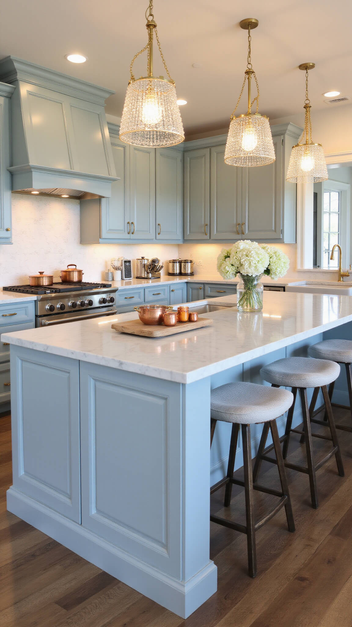 Elegant open-concept kitchen at golden hour with powder blue cabinets, Carrara marble surfaces, brass pendant lighting, and warm, sophisticated styling.