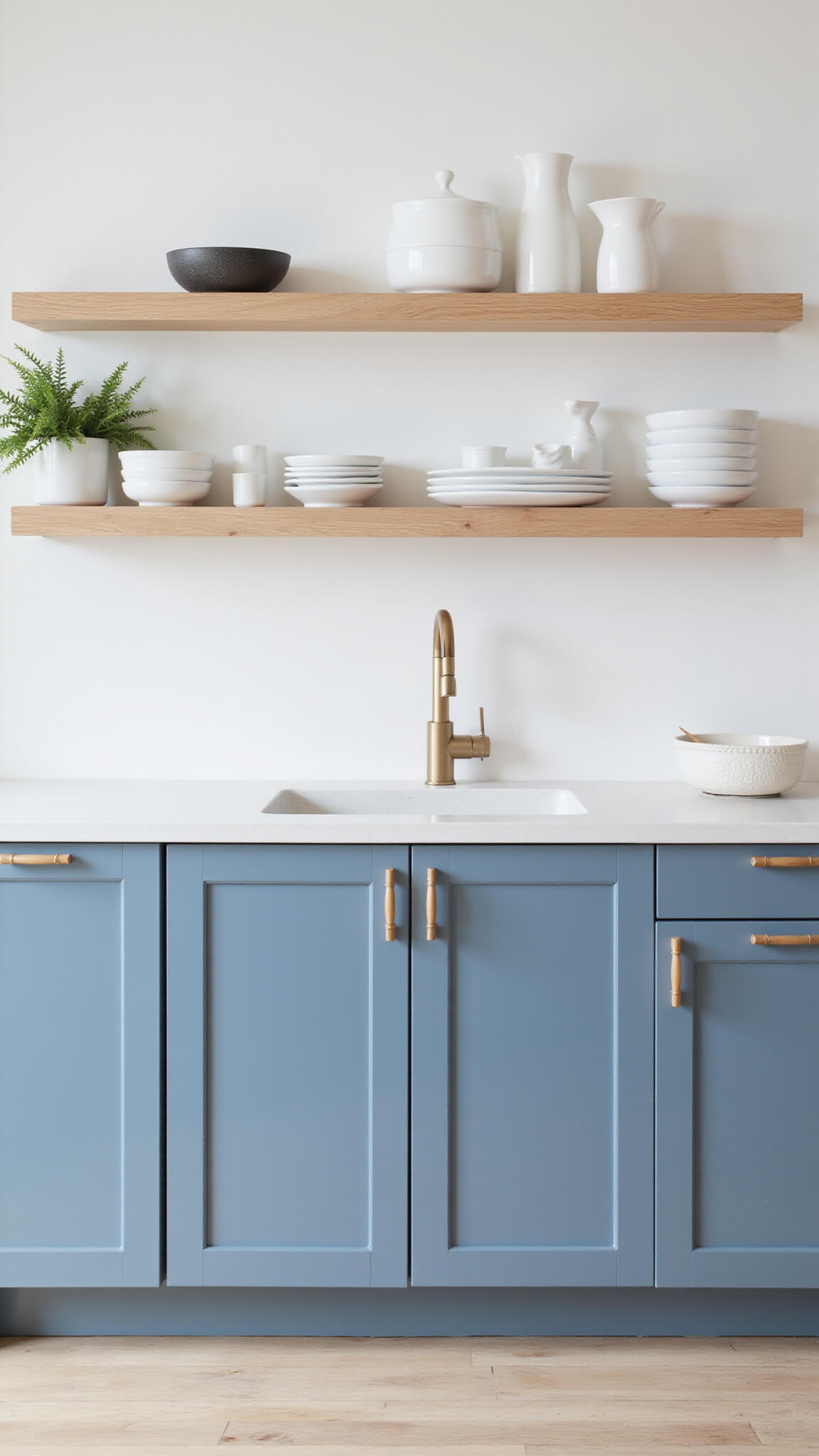 Scandinavian-style kitchen with powder blue cabinets, white oak shelves, and white counters in bright daylight.