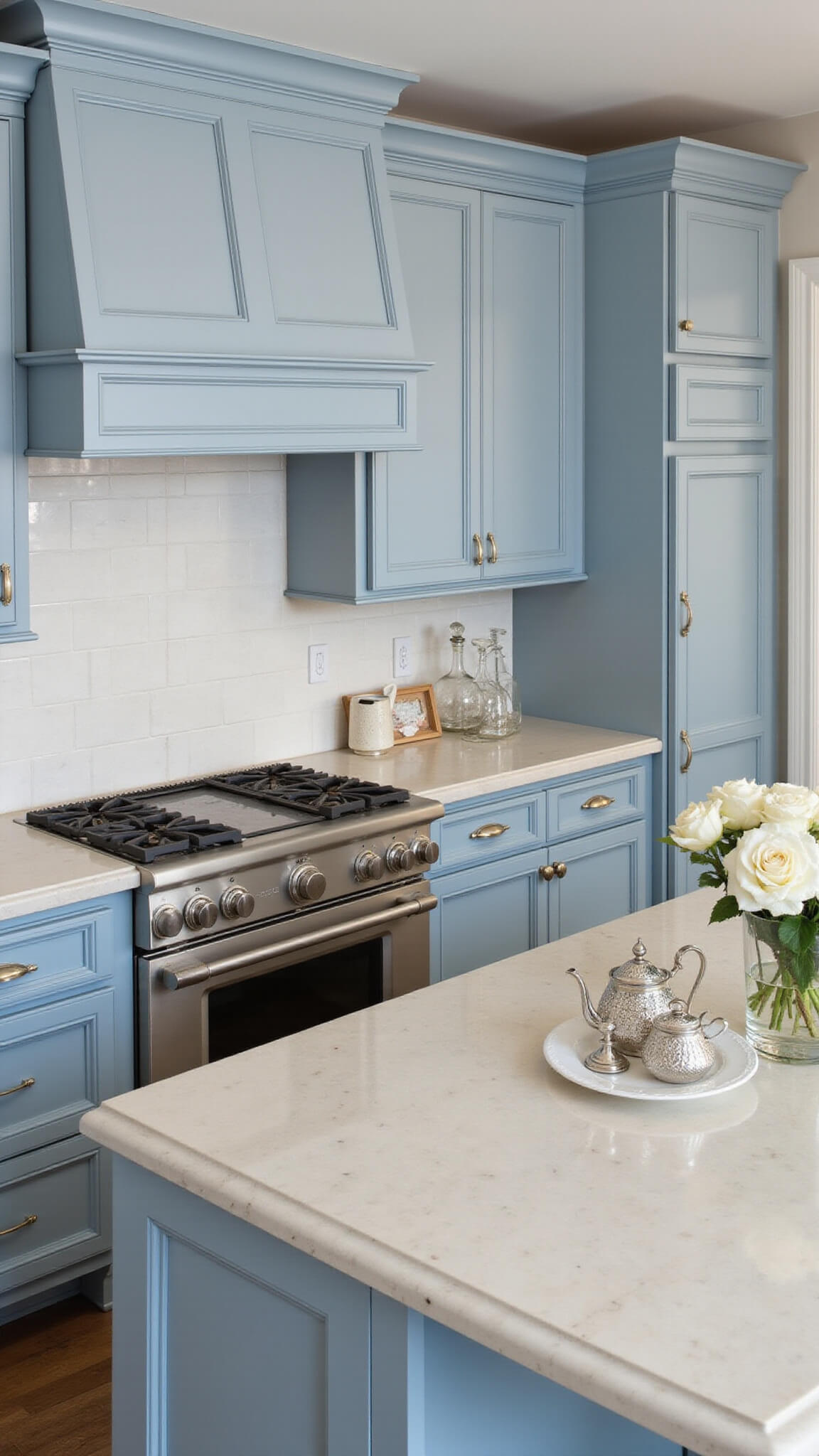 Traditional luxe kitchen with powder blue cabinets, cream granite counters, custom range hood, and elegant silver and crystal decor in afternoon light.