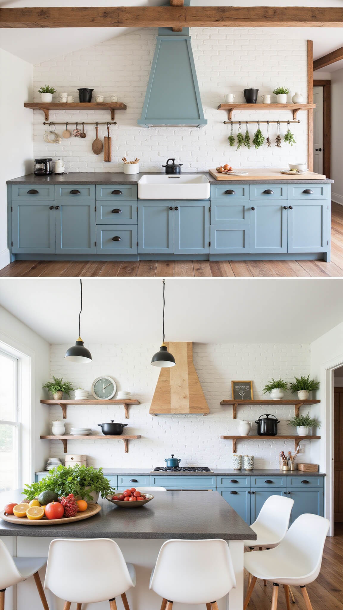 Modern farmhouse kitchen with vaulted ceiling, exposed beams, powder blue shiplap cabinets, soapstone counters, white brick backsplash, large butcher block island, and rustic décor including vintage enamelware, fresh produce, and hanging dried herbs.