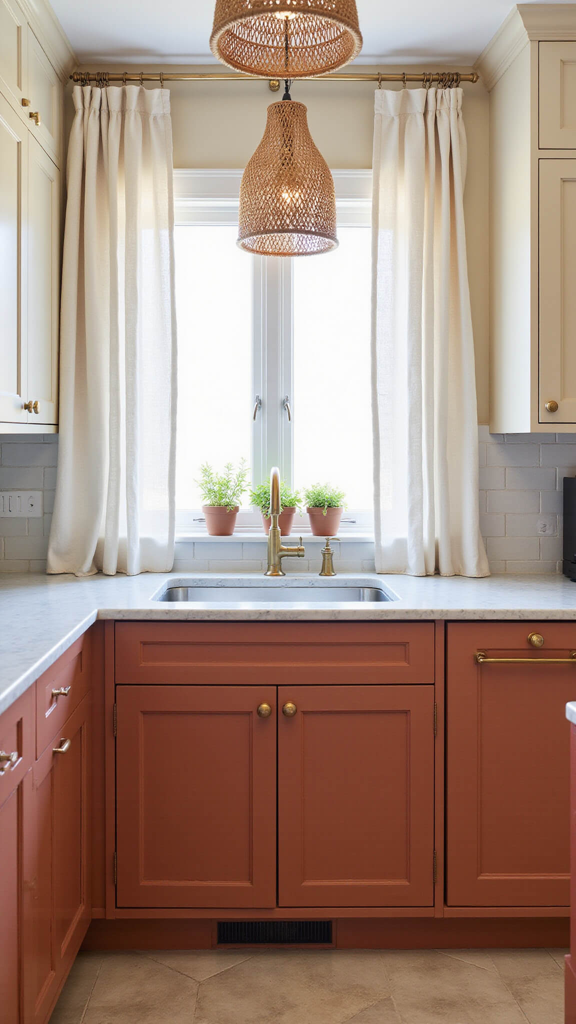 Contemporary farmhouse galley kitchen with terracotta lower cabinets, cream uppers, marble countertops, and brass hardware lit by morning light through sheer curtains.