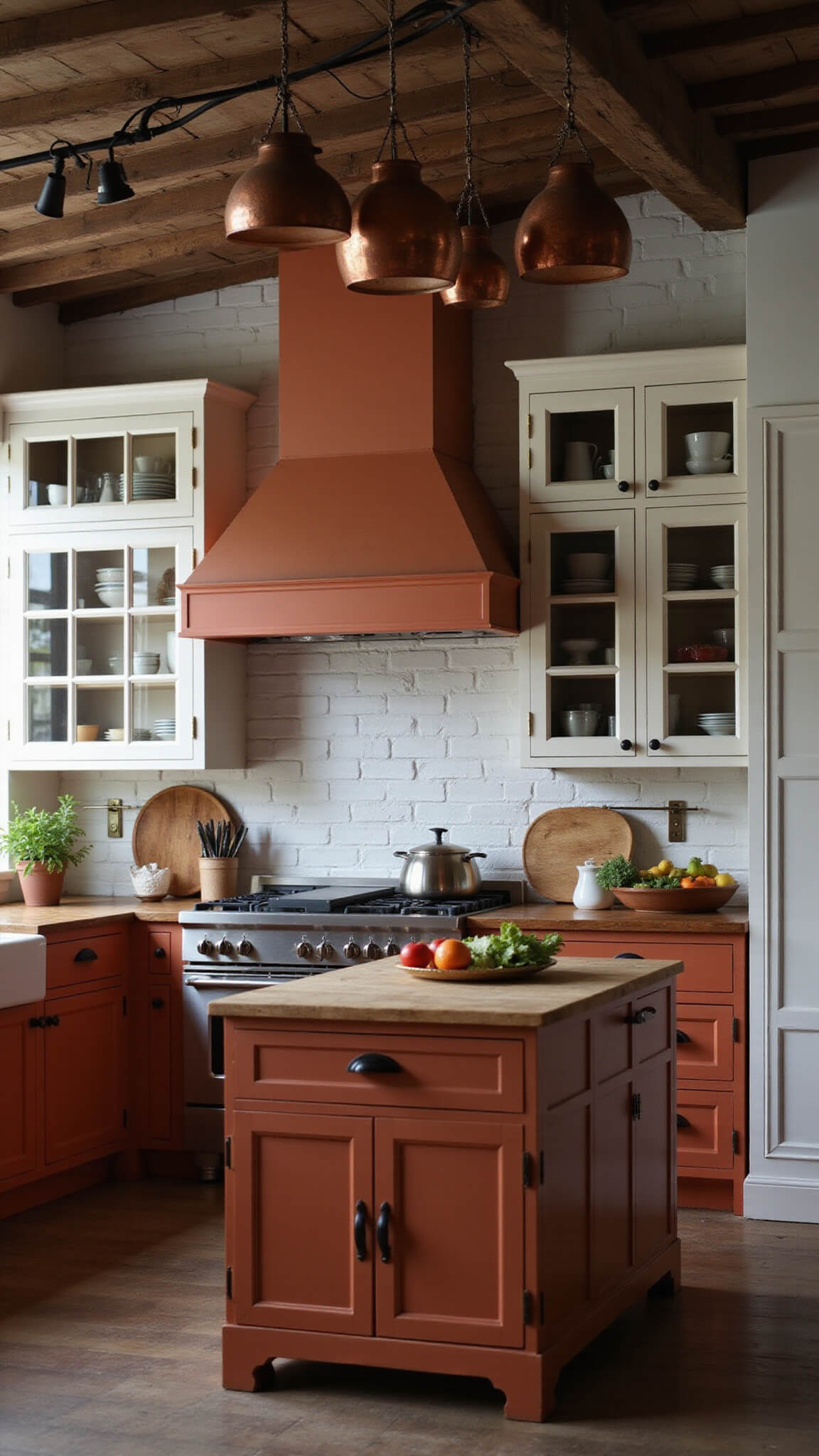 Rustic elegant 10x12ft kitchen with terracotta base cabinets, white glass-front uppers, butcher block island, copper pots, and warm dusk lighting.