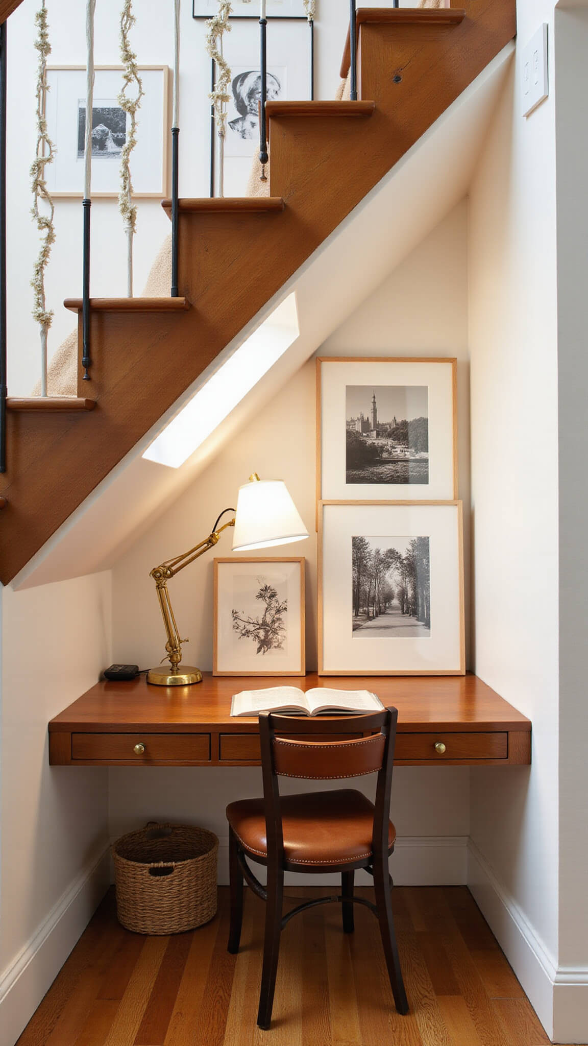 Under-stair workspace with angled wood desk, vintage leather chair, brass lamp, gallery wall, and woven basket storage, viewed from staircase base.