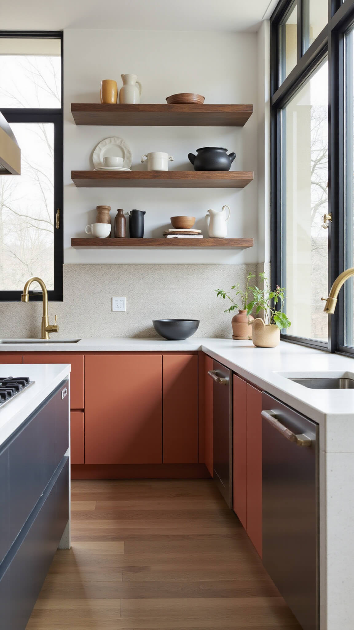 Contemporary luxe kitchen with terracotta and charcoal cabinets, quartz waterfall countertops, geometric tile backsplash, open shelves with ceramics, and natural light from floor-to-ceiling windows.