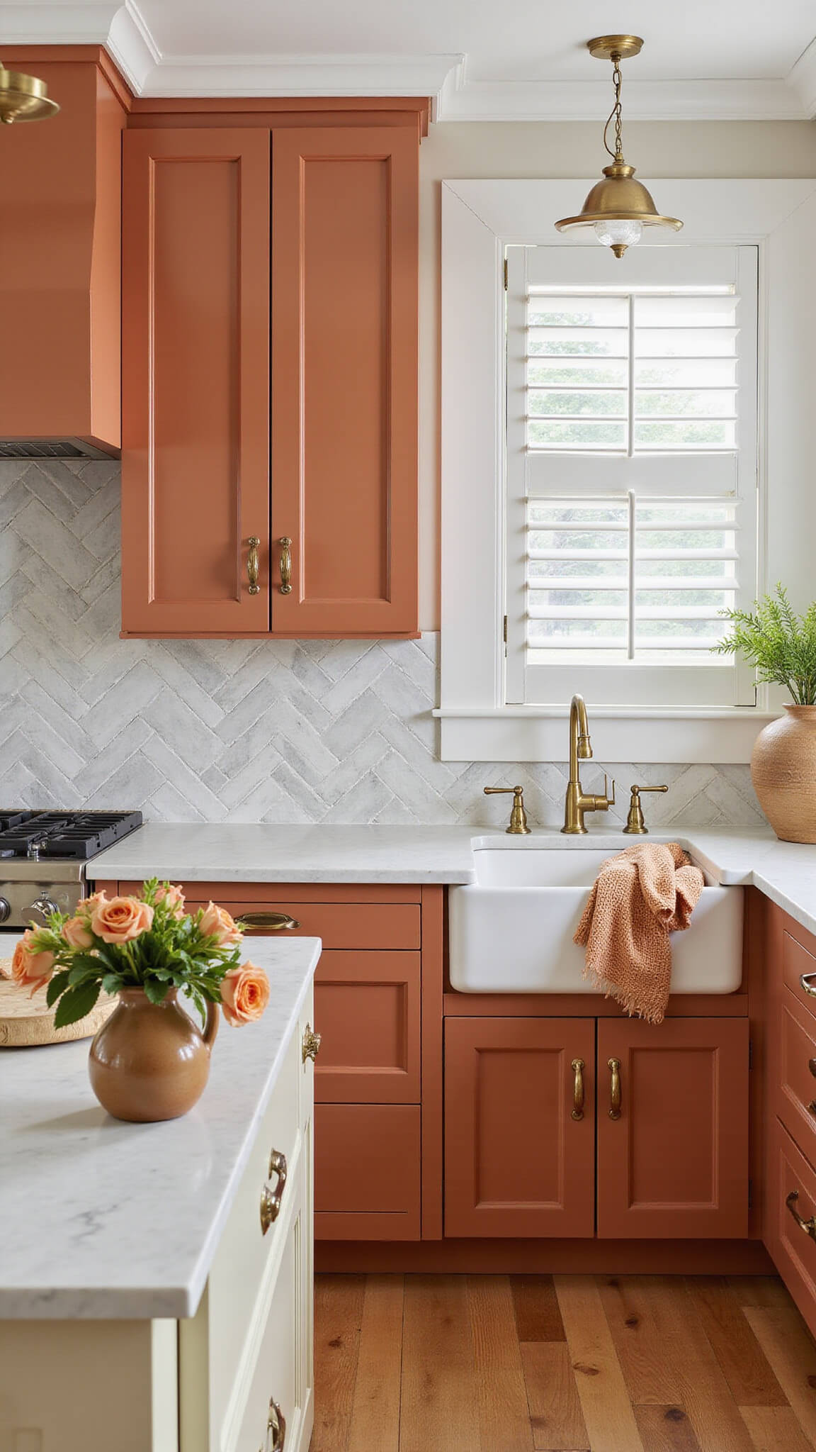 Traditional modern L-shaped kitchen with terracotta upper and cream lower cabinets, marble herringbone backsplash, brass hardware, vintage pendant lights, and fresh flowers on island, softly lit through plantation shutters.
