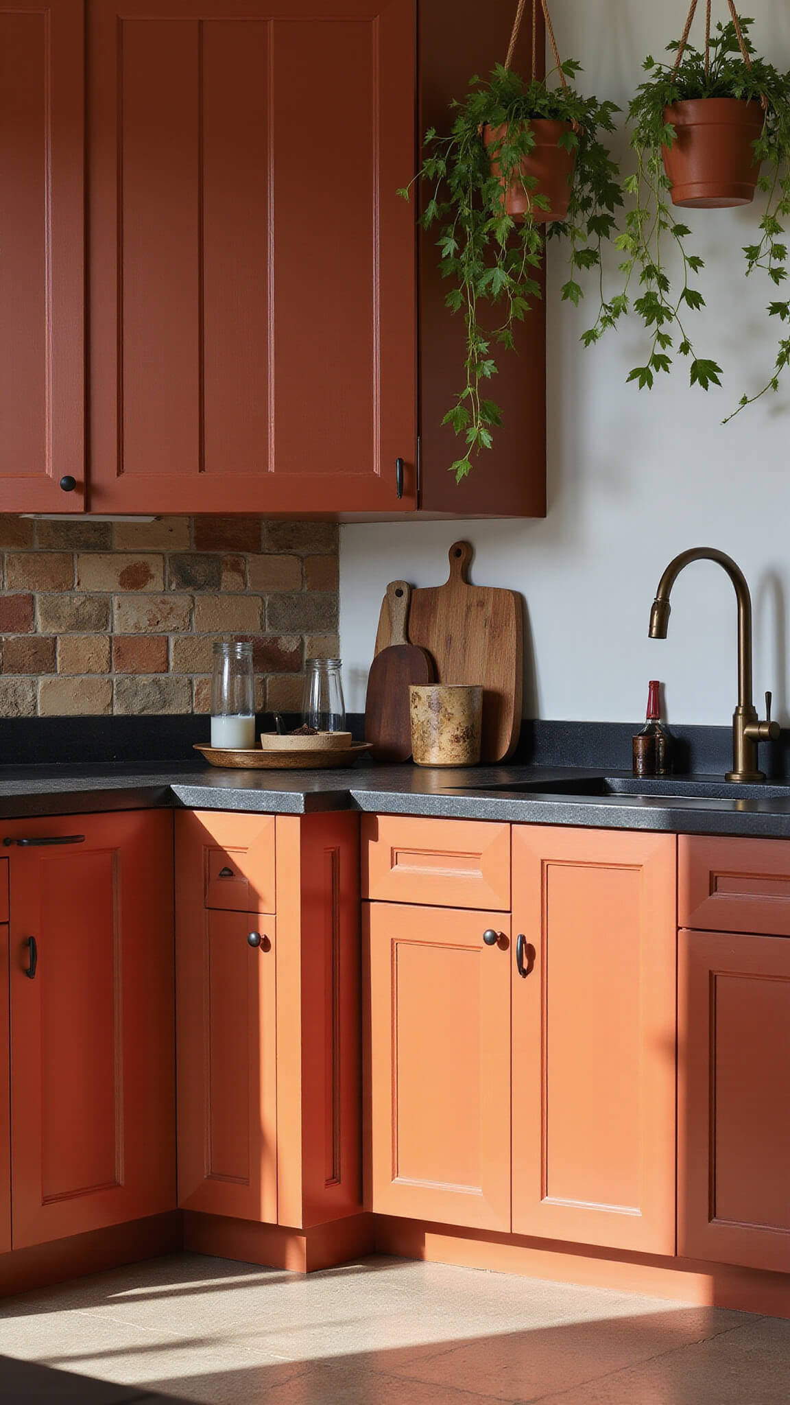 Eclectic modern 9x11ft kitchen with terracotta panel cabinets, black waterfall countertops, mixed metal hardware, earth-toned ceramic tiles, and hanging plants in dramatic morning light.