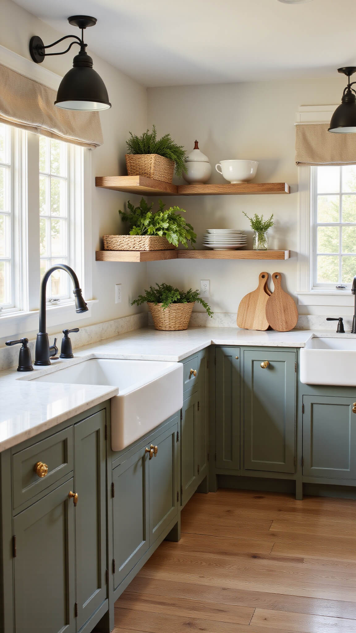 Modern farmhouse kitchen with Pewter Green cabinets, white marble countertops, brass hardware, and weathered oak island lit by warm golden hour sunlight.