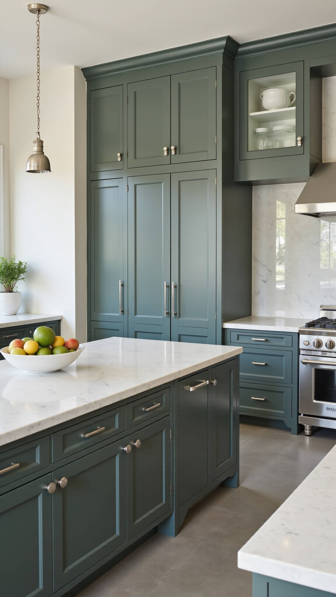 Transitional kitchen with Pewter Green cabinets, white quartz waterfall island, glass-front pantry, and polished nickel hardware in bright natural light.