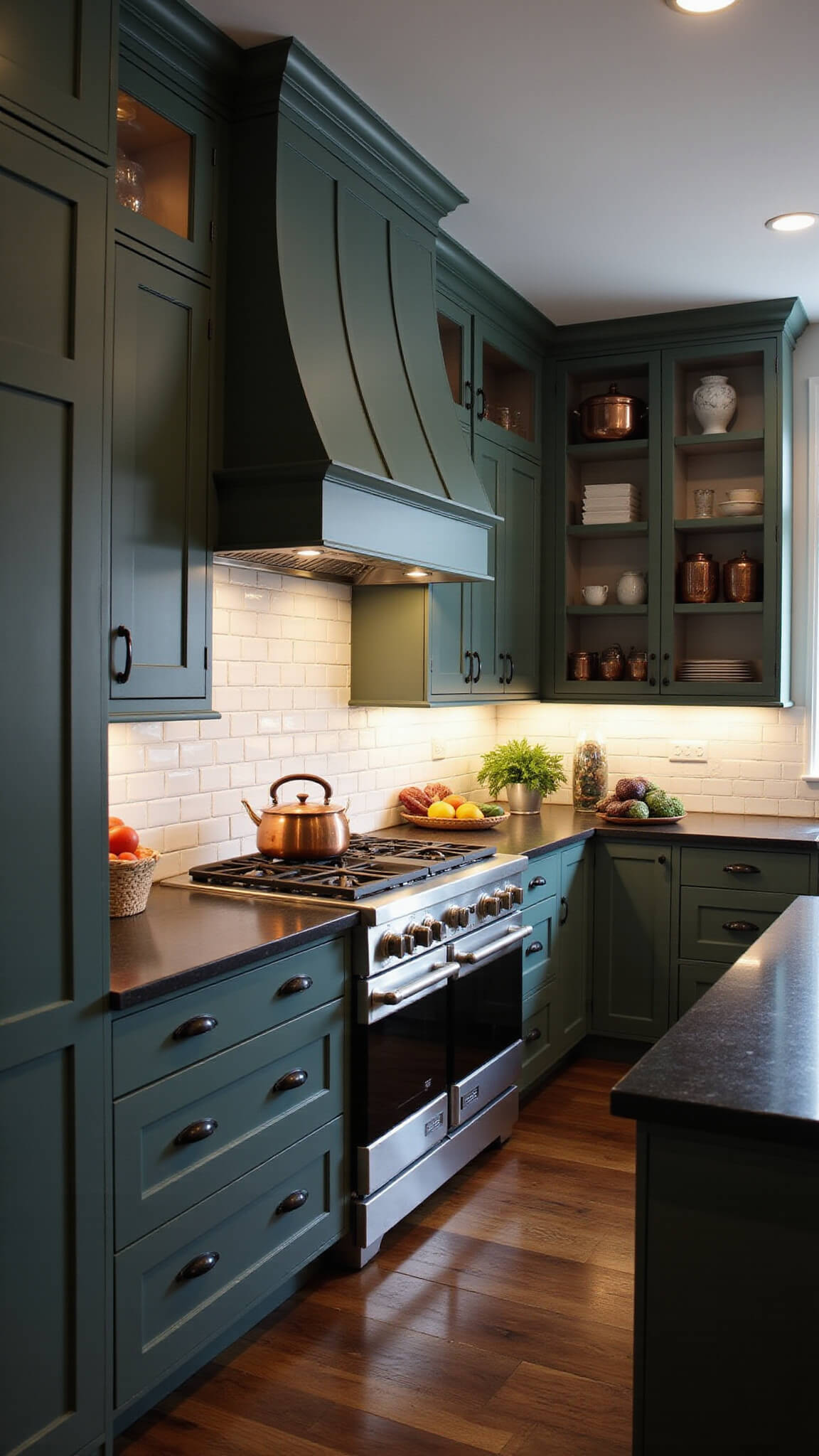 Moody evening kitchen with Pewter Green cabinets, under-cabinet LED lighting, vintage sconces, white subway tile backsplash, black soapstone counters, and copper cookware on open shelves.