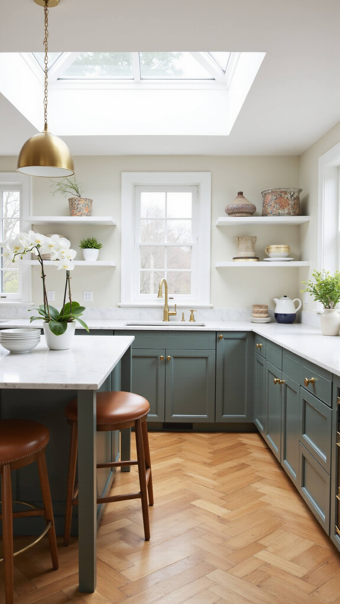 Overhead view of a bright L-shaped kitchen with Pewter Green lower cabinets, white floating shelves, marble island, herringbone wood floors, brass pendant lights, leather stools, and morning light from skylight.