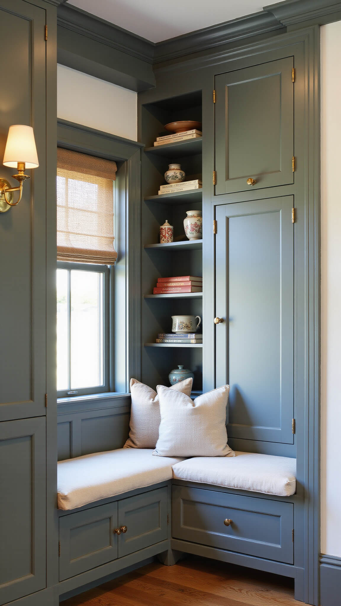 Cozy corner breakfast nook with Pewter Green built-in cabinets, cream linen window seat, alabaster sconces, vintage oil paintings, cookbooks, and handmade pottery.