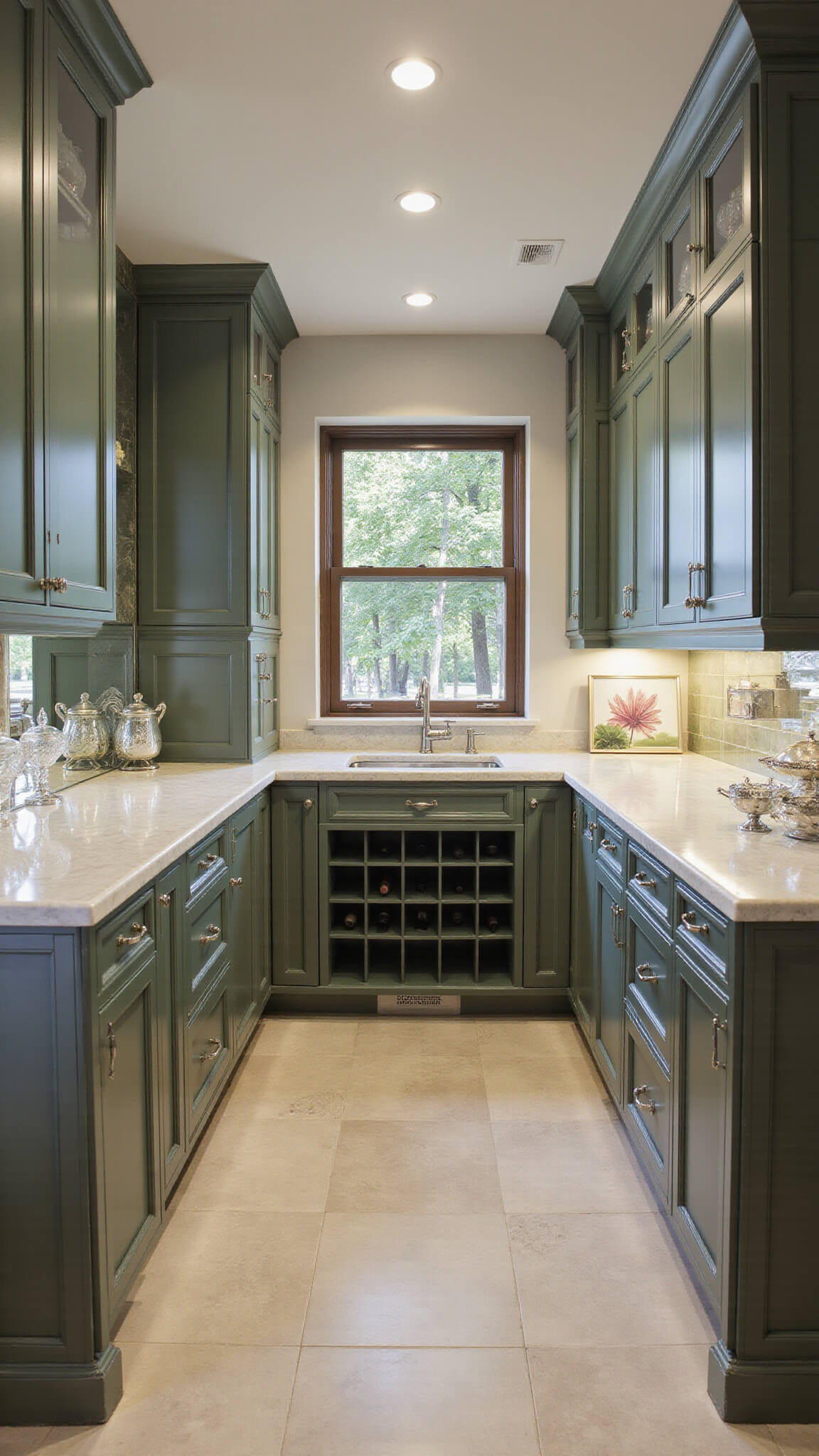 Luxurious butler's pantry with floor-to-ceiling Pewter Green cabinets, antique mirror backsplash, marble counters, and vintage decor in dramatic afternoon light.