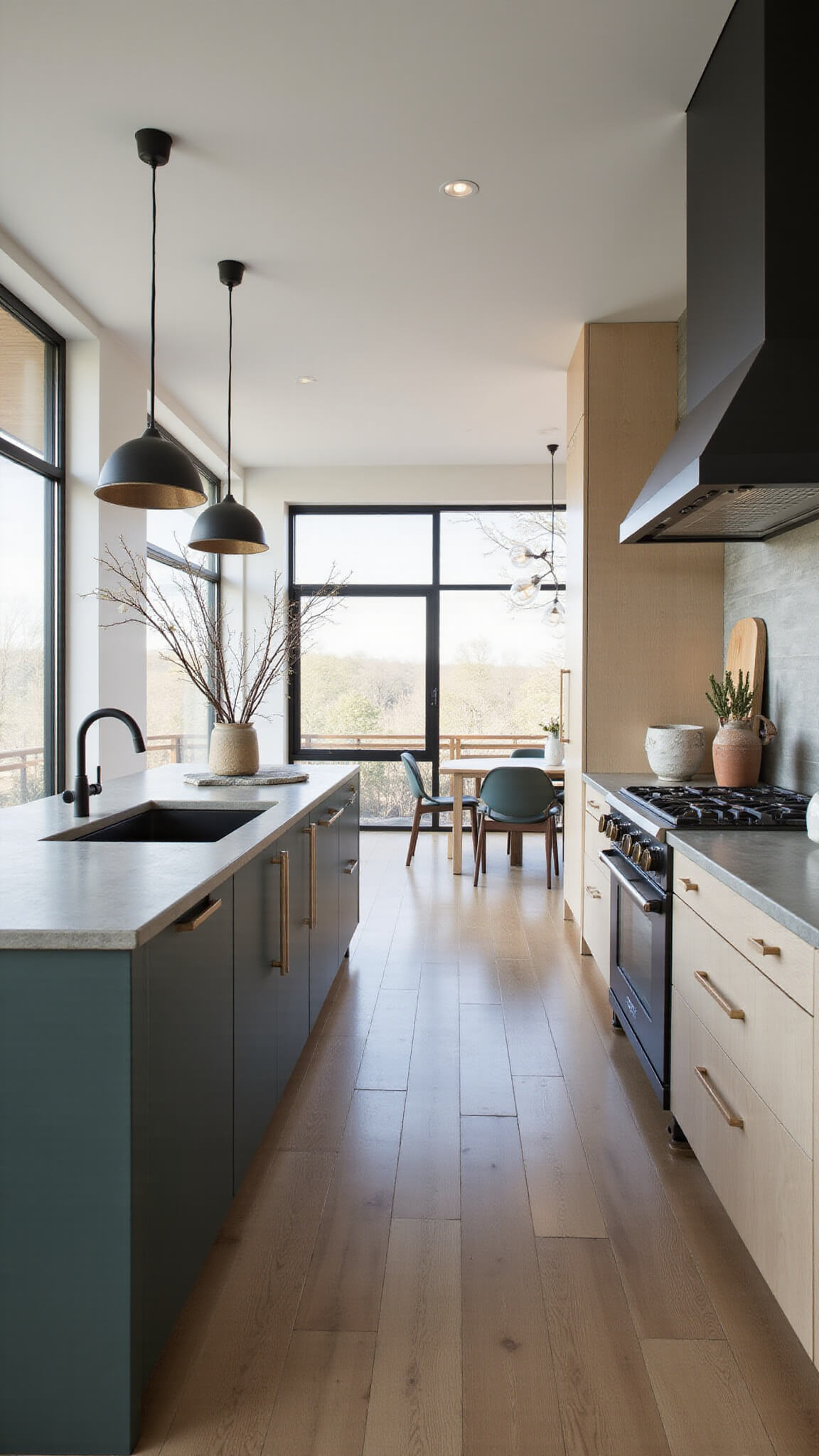 Modern kitchen with Pewter Green island, white oak cabinets, and concrete counters in early morning light with industrial accents and dining area view.