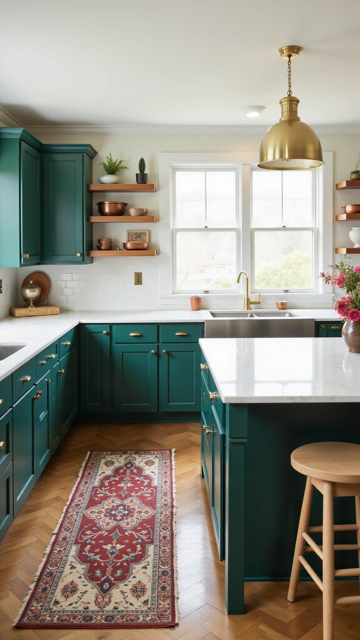 Sunlit kitchen with emerald green cabinets, white quartz island, brass accents, and Persian runner on herringbone oak floors.