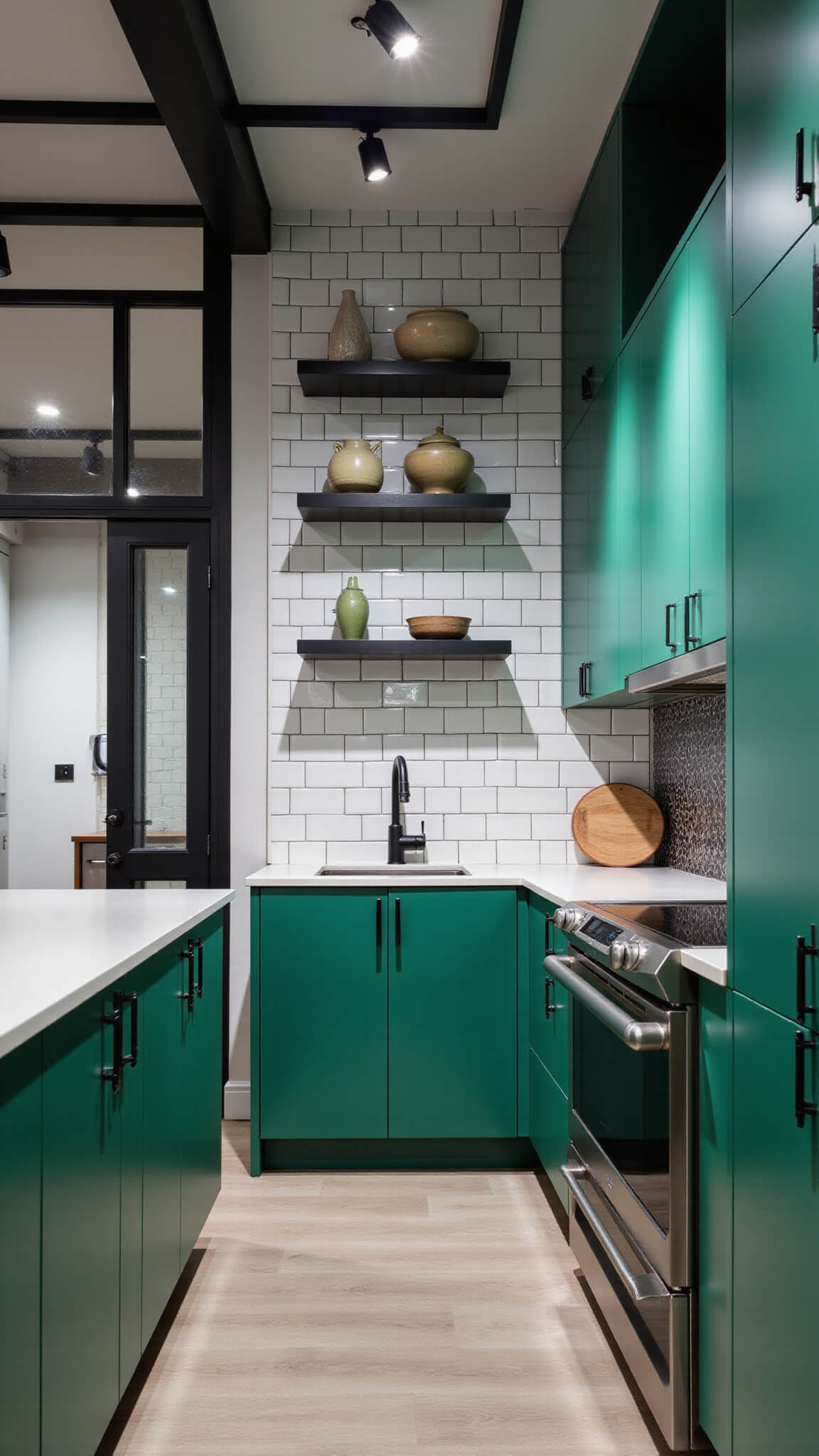 Modern emerald green galley kitchen with black hardware, white subway tile backsplash, floating steel shelves, and stainless appliances under dramatic track lighting.