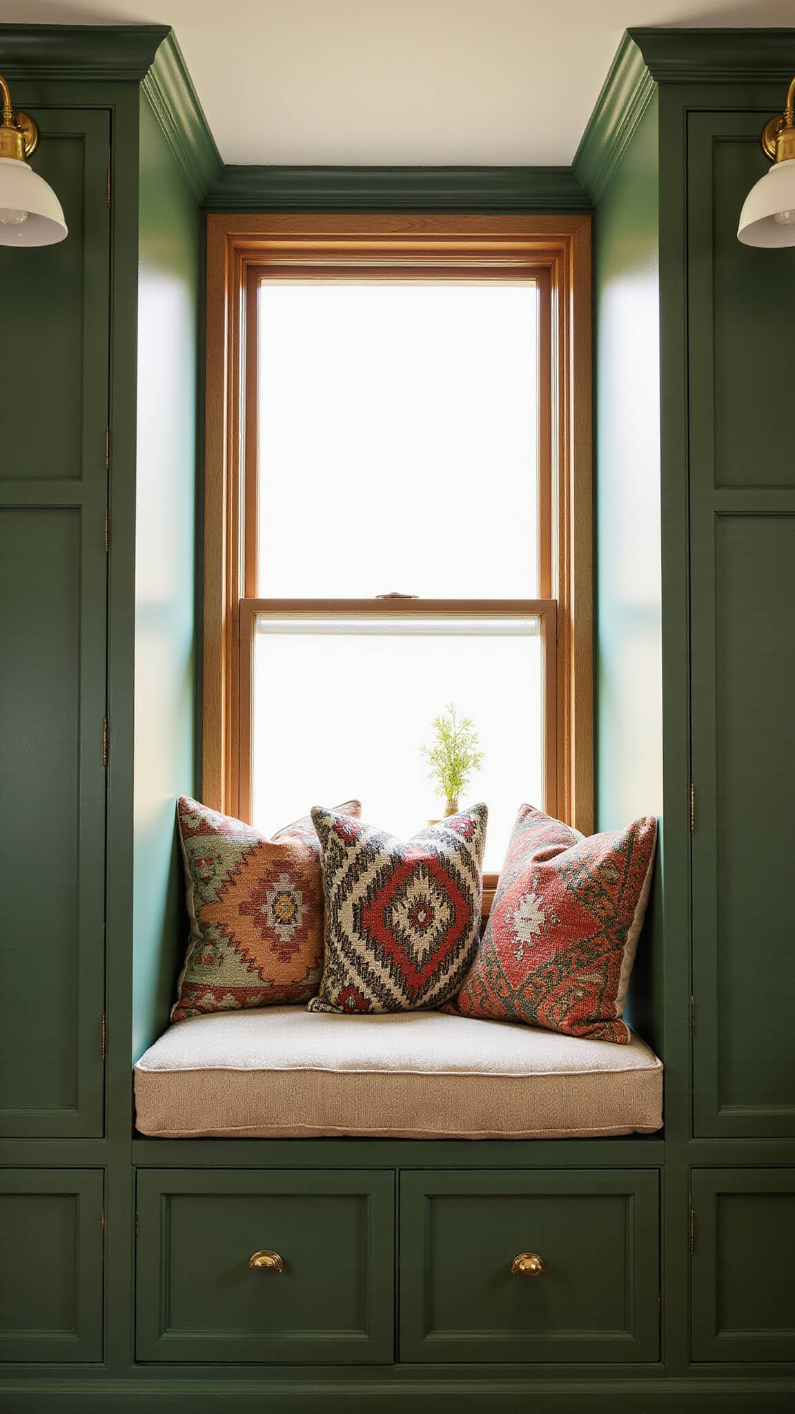 Cozy 6x8ft kitchen corner with emerald green cabinets, window seat bathed in golden hour light, brass sconces, textured pillows, vintage kilim rug, and potted herbs on the sill.
