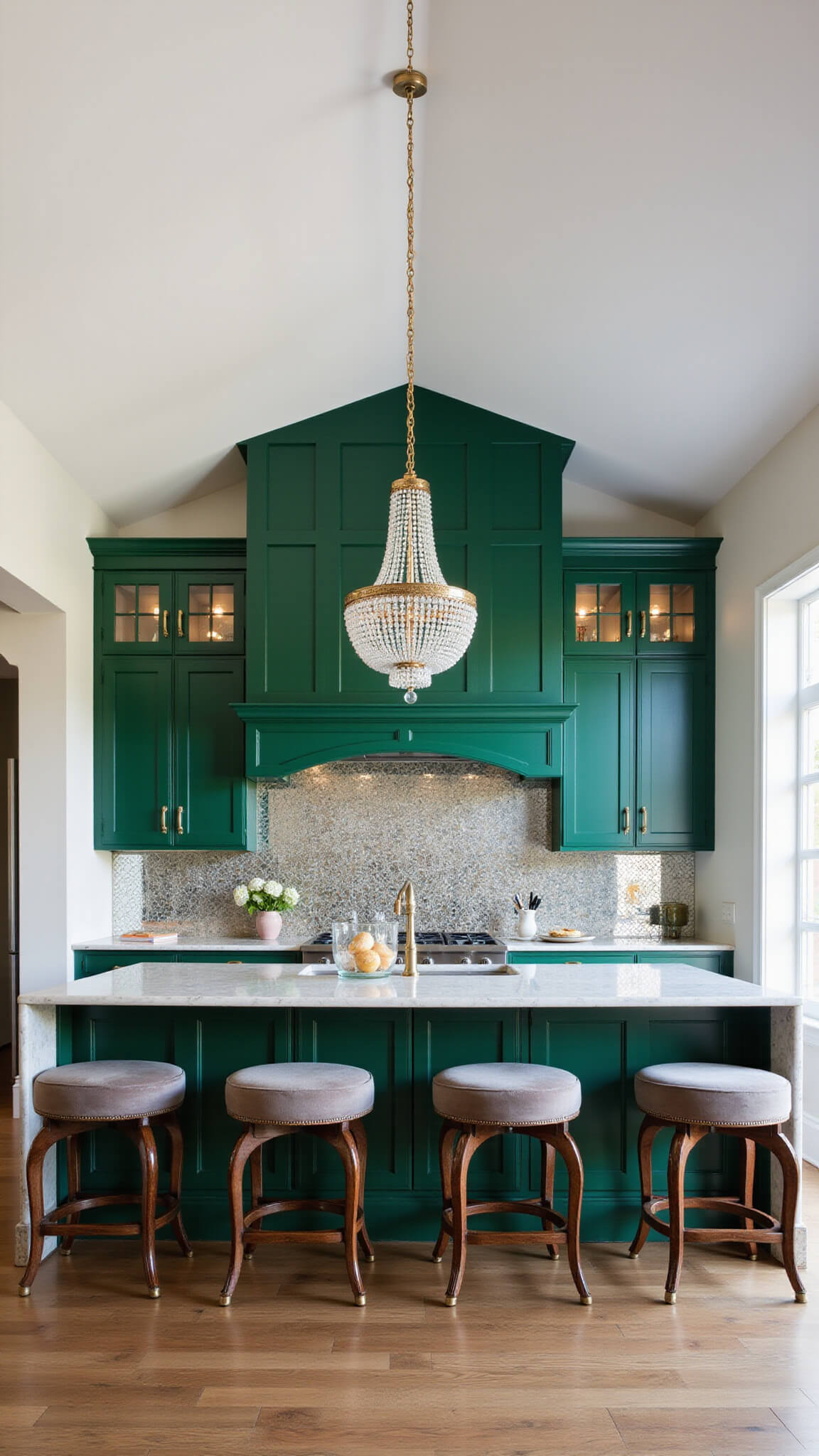 Luxurious open-concept kitchen with emerald green cabinets, crystal chandelier, marble island seating six, and antique mirror backsplash, captured from an elevated angle with professional lighting.