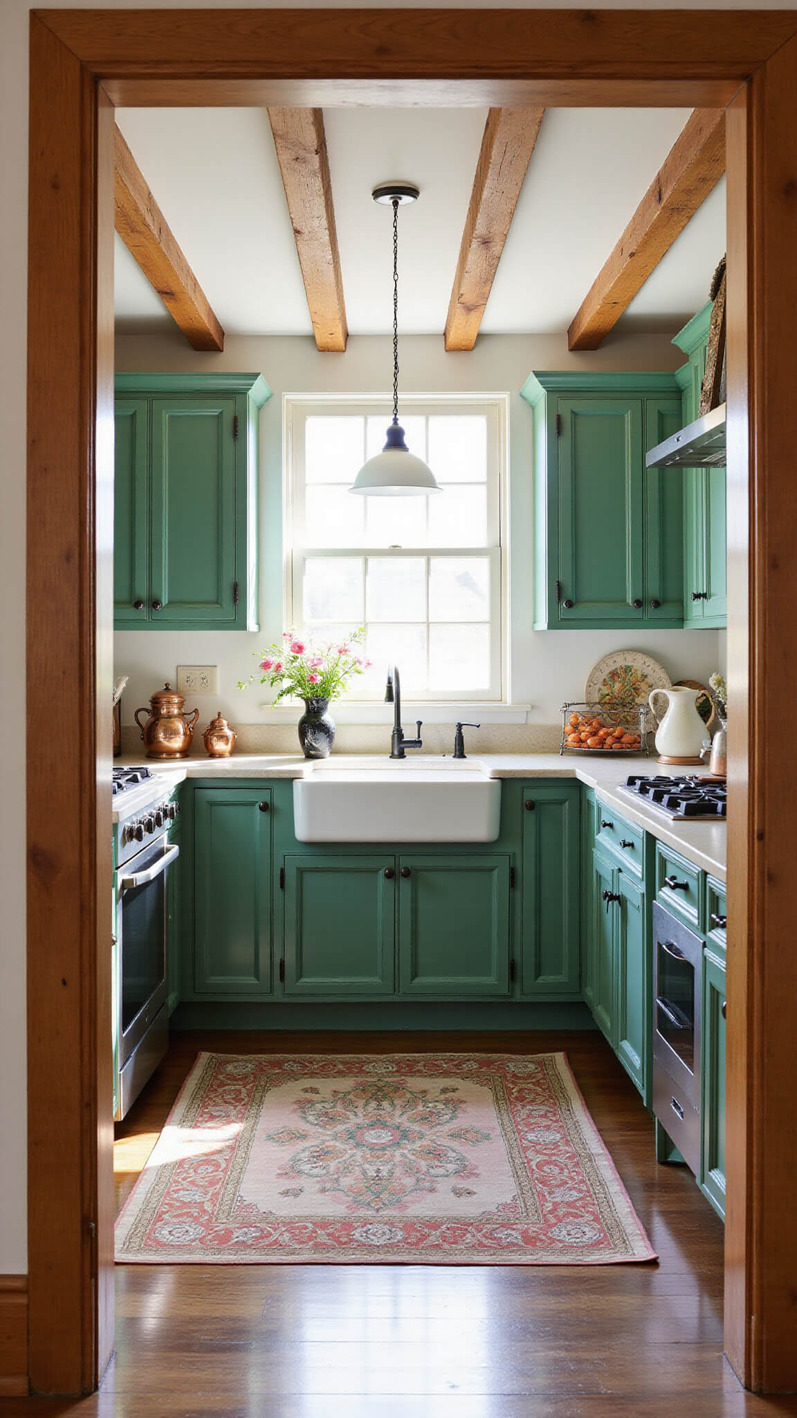 Farmhouse kitchen with emerald green cabinets, exposed wooden beams, copper cookware, soapstone counters, and vintage rug in early morning light.
